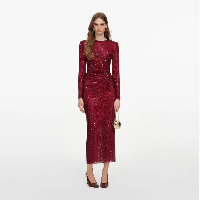 Self Portrait Burgundy Rhinestone Gathered Midi Kleid Bordeaux