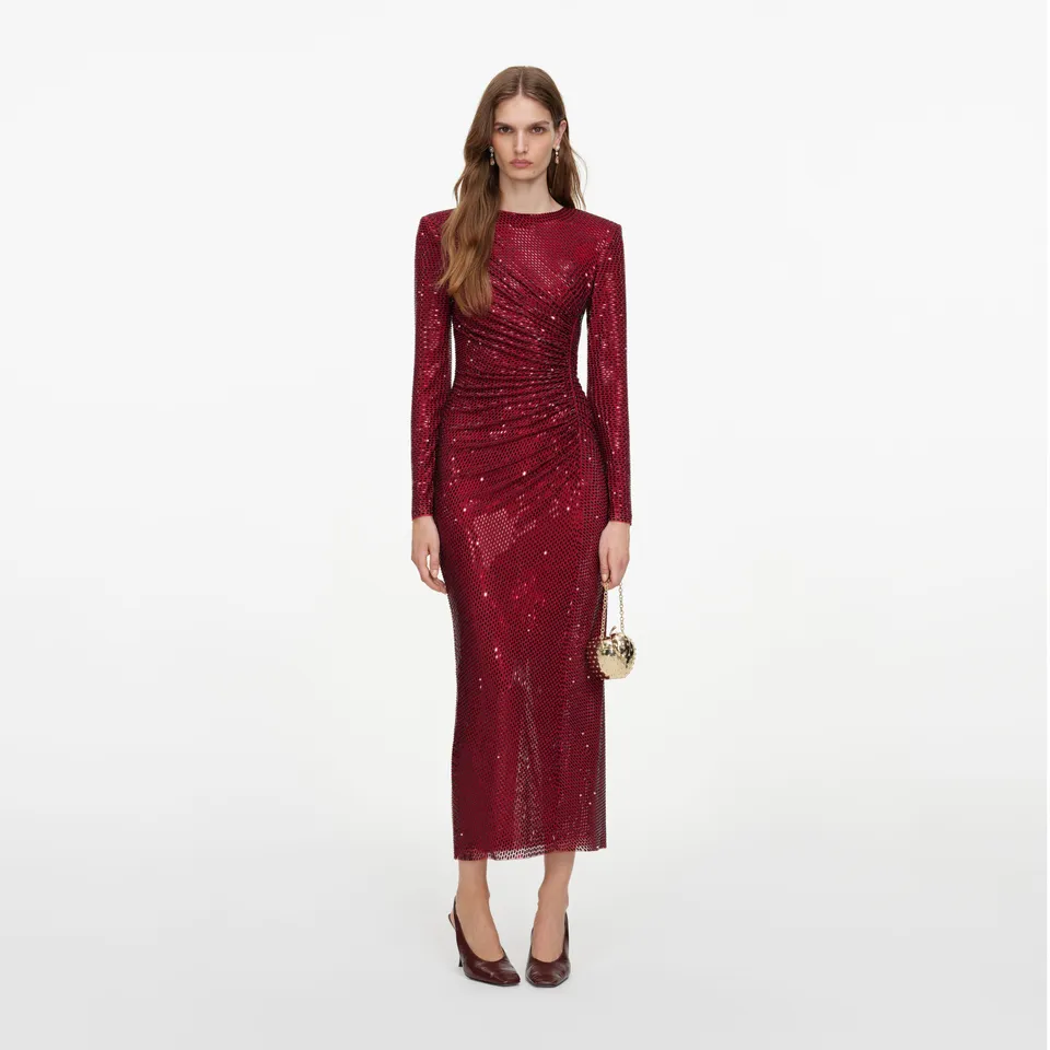 Self Portrait Burgundy Rhinestone Gathered Midi Kleid Bordeaux