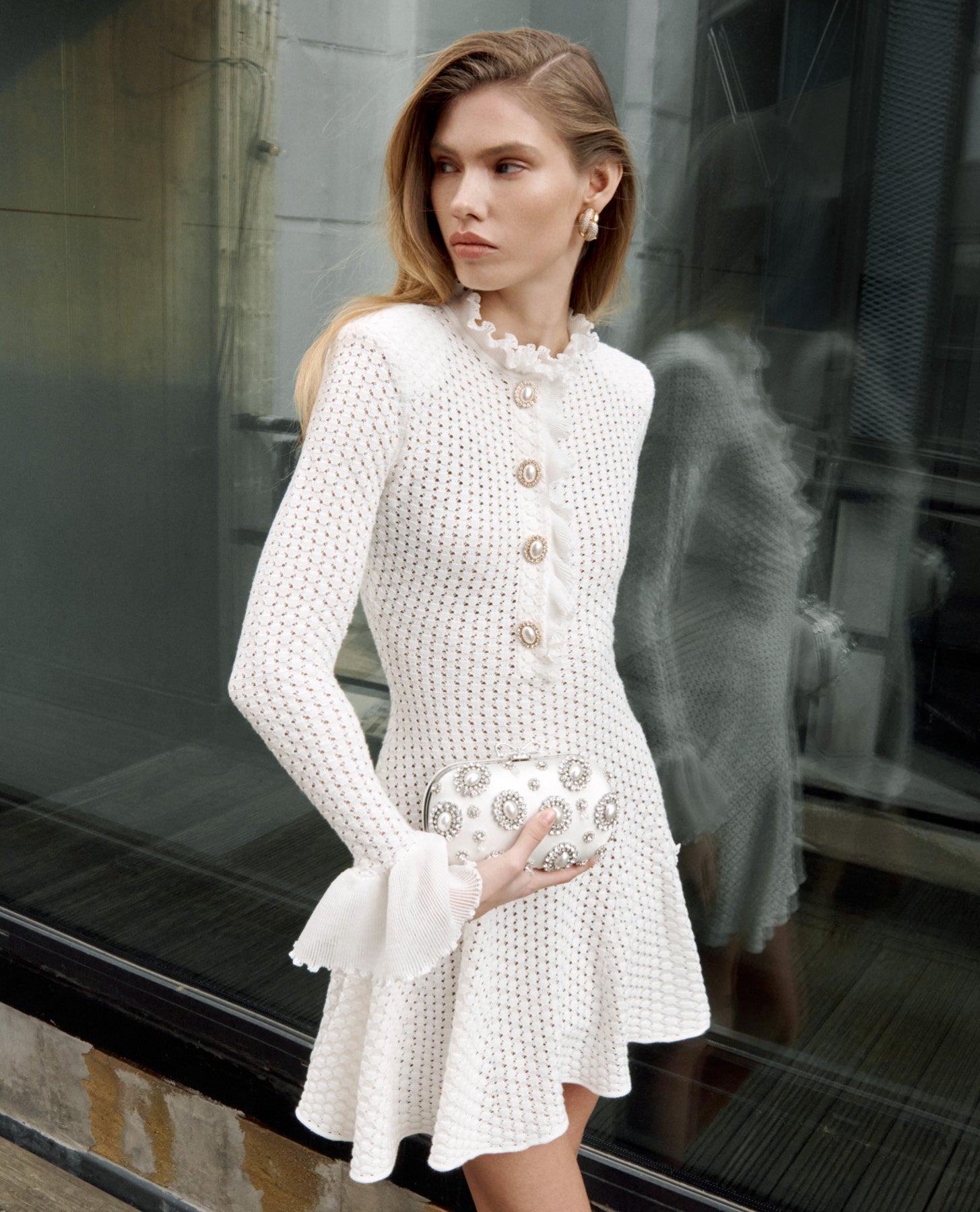 Self Portrait White Lace Pointelle Strick-Minikleid Weiß