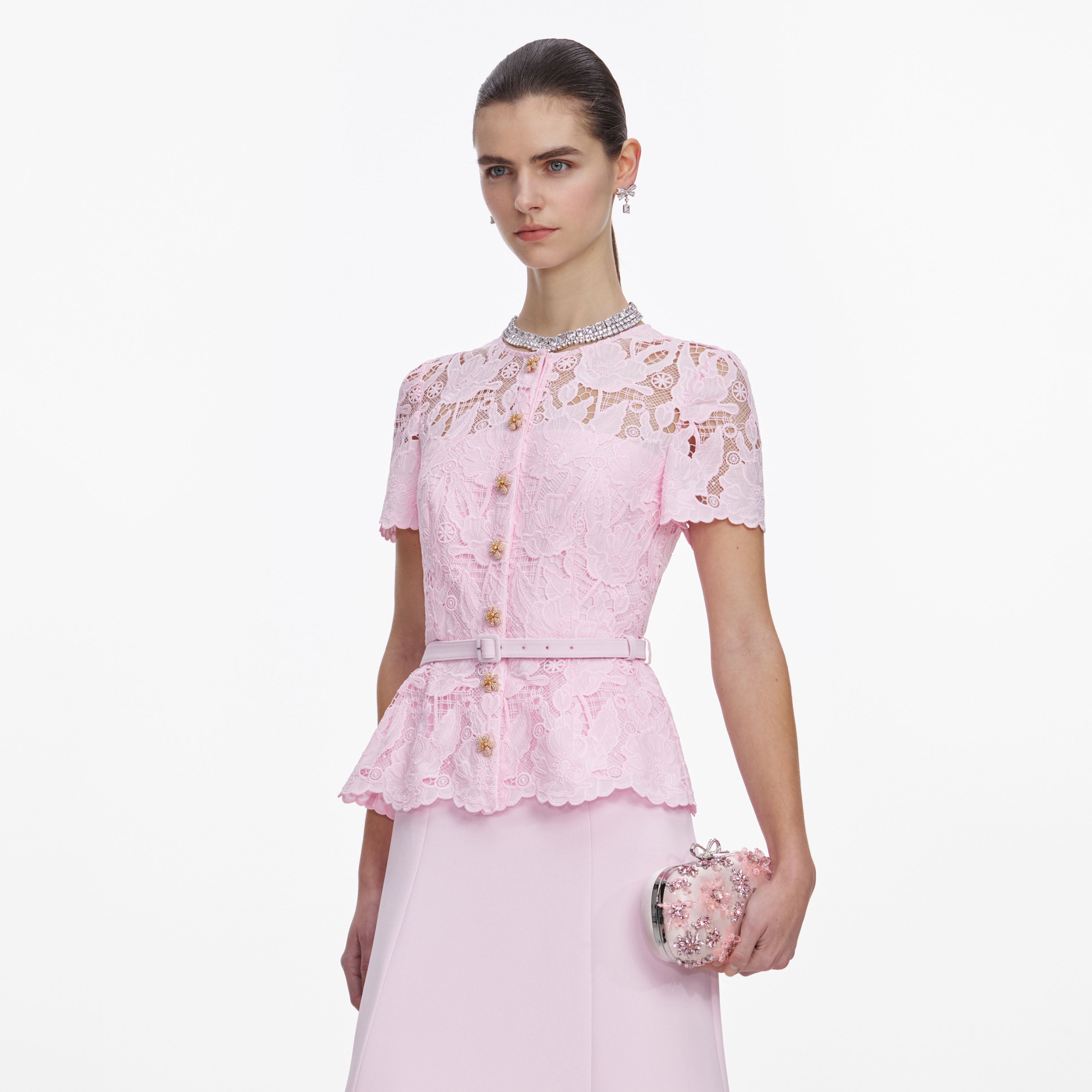 Self Portrait Pink Satin Floral Crystal Clutch Rosa