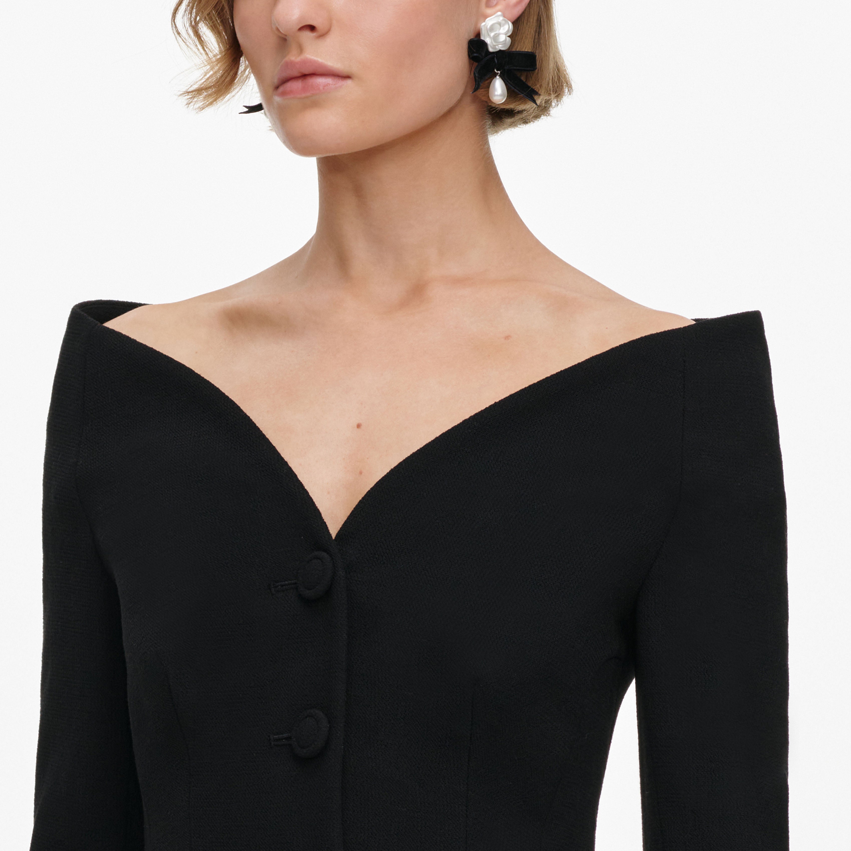 Self Portrait Jacket Schwarz Woll-Crepe Off-Shoulder Peplum