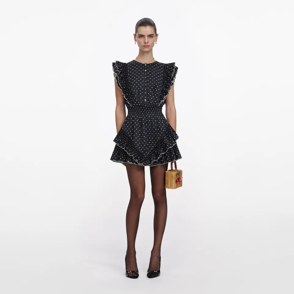 Self Portrait Black Polka Dot Frill Minikleid Schwarz