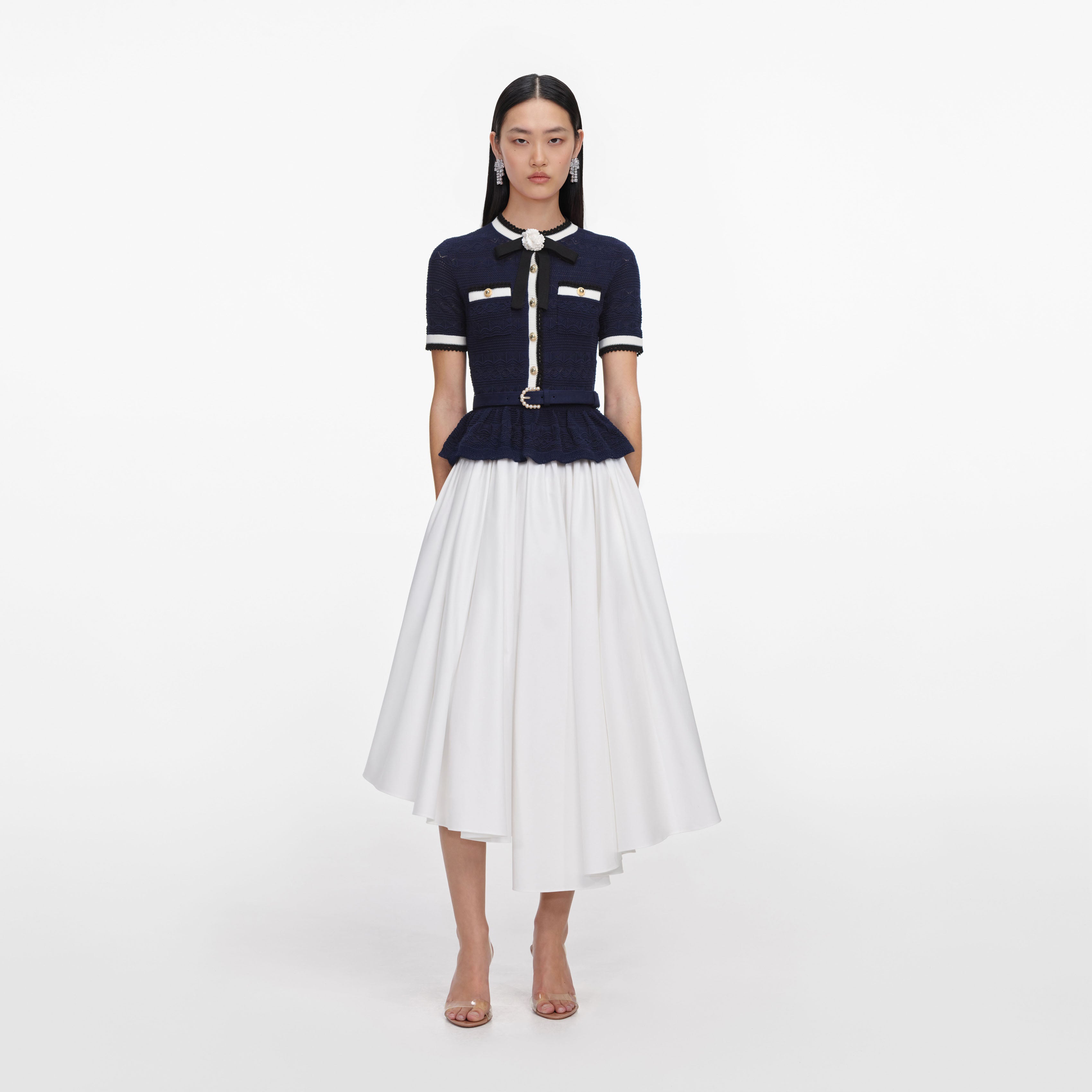 Self Portrait Navy Peplum Pointelle Knit Top Stricktop S