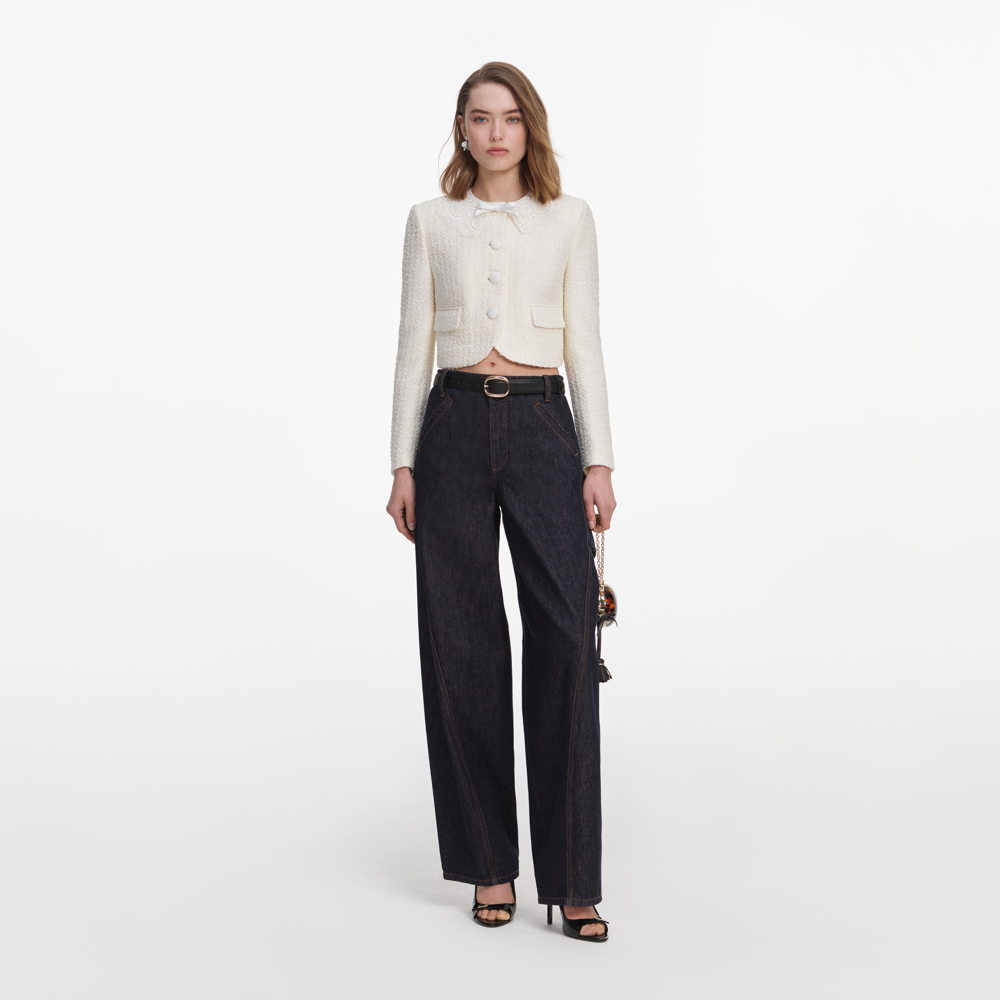 Self Portrait Outerwear Boucle Jacke Creme Schleife