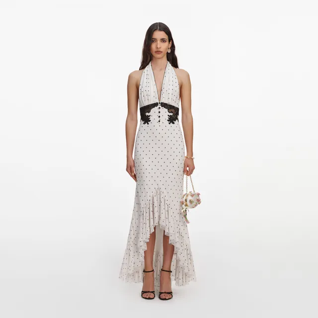 Self Portrait Polka Dot Halter Midi Kleid Weiß
