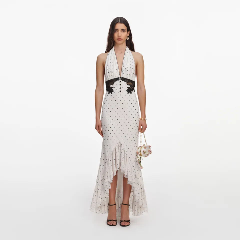 Self Portrait Polka Dot Halter Midi Kleid Weiß
