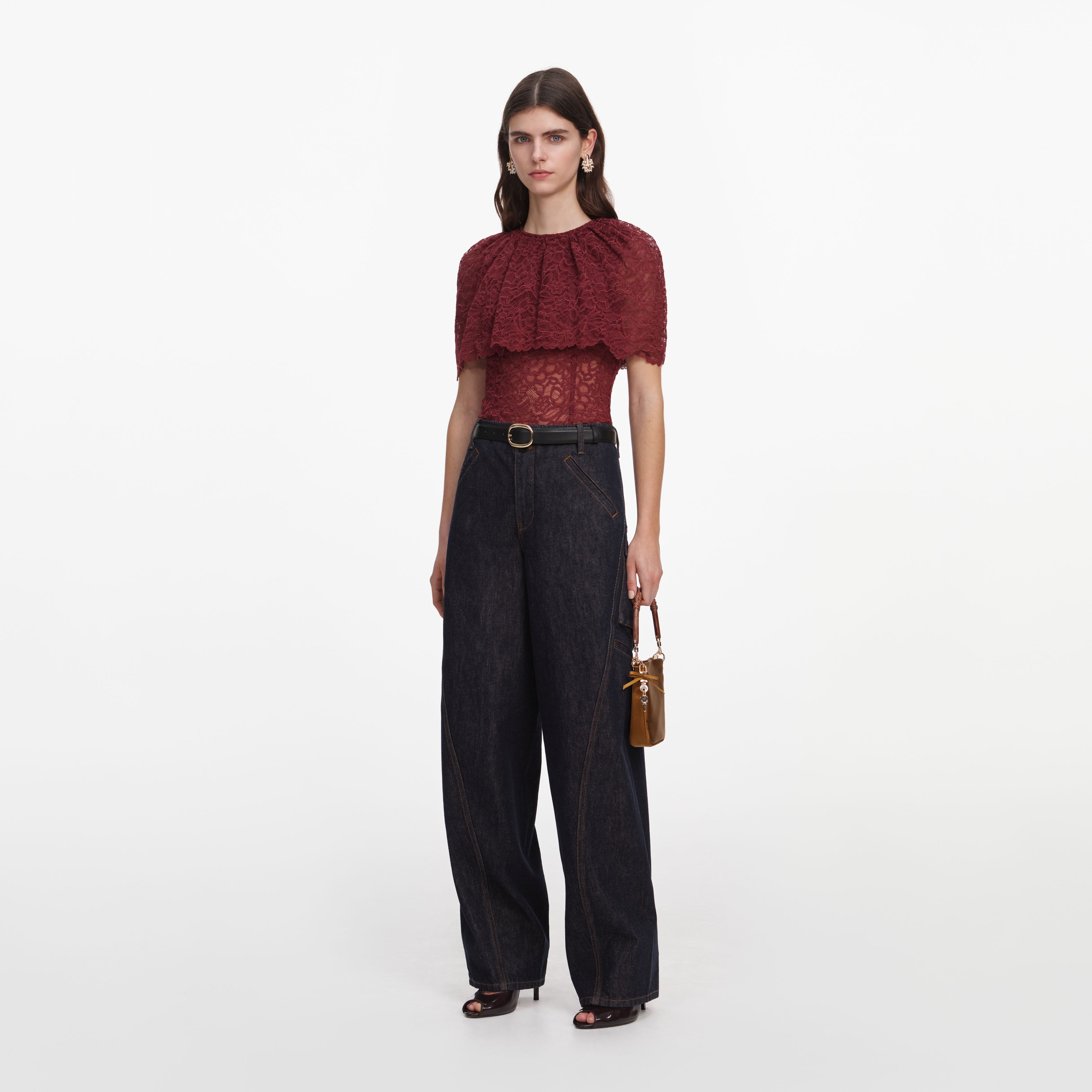 Self Portrait Outerwear Burgundy Cape Top bordeaux Spitze