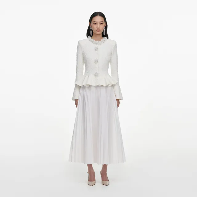 Self Portrait White Textured Knit Chiffon Midi Kleid Weiß