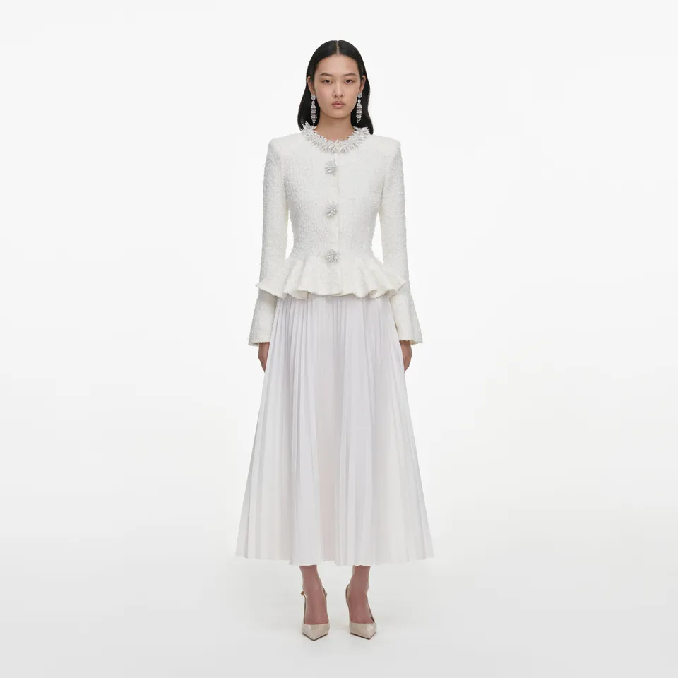 Self Portrait White Textured Knit Chiffon Midi Kleid Weiß