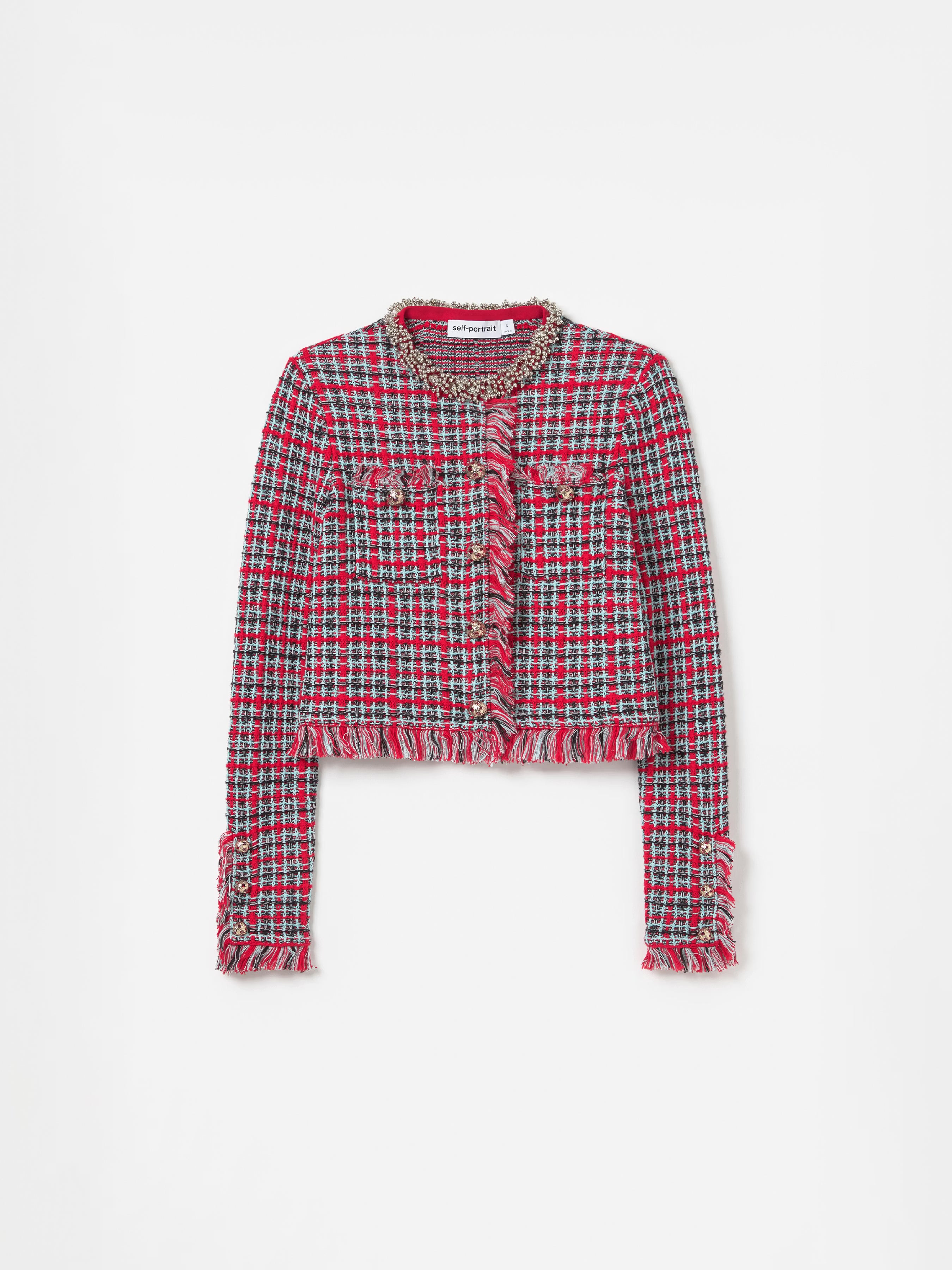 Self Portrait Red Check Frayed Knit Jacke S Rot Karo
