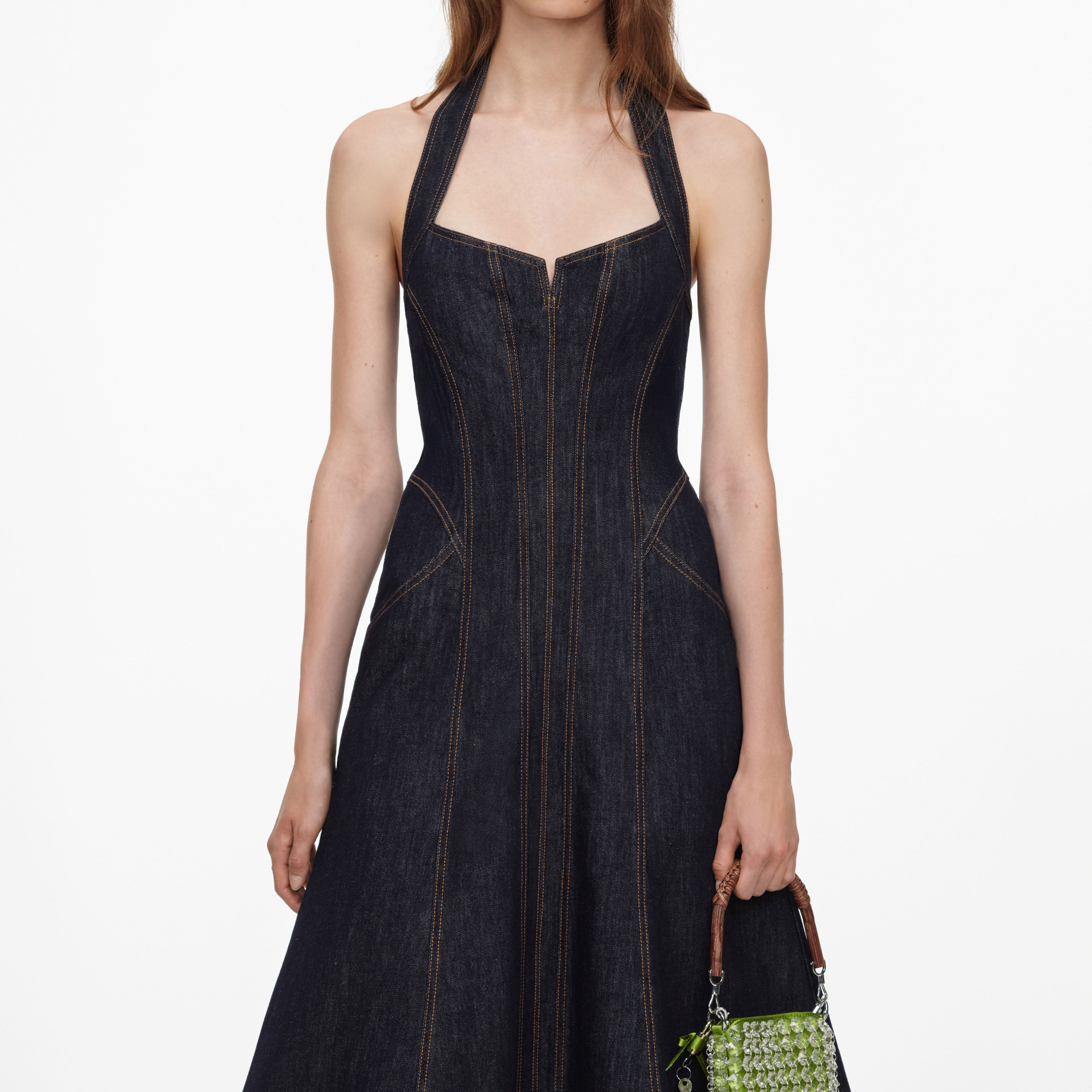 Self Portrait Halterneck Midikleid Indigo Denim Blau
