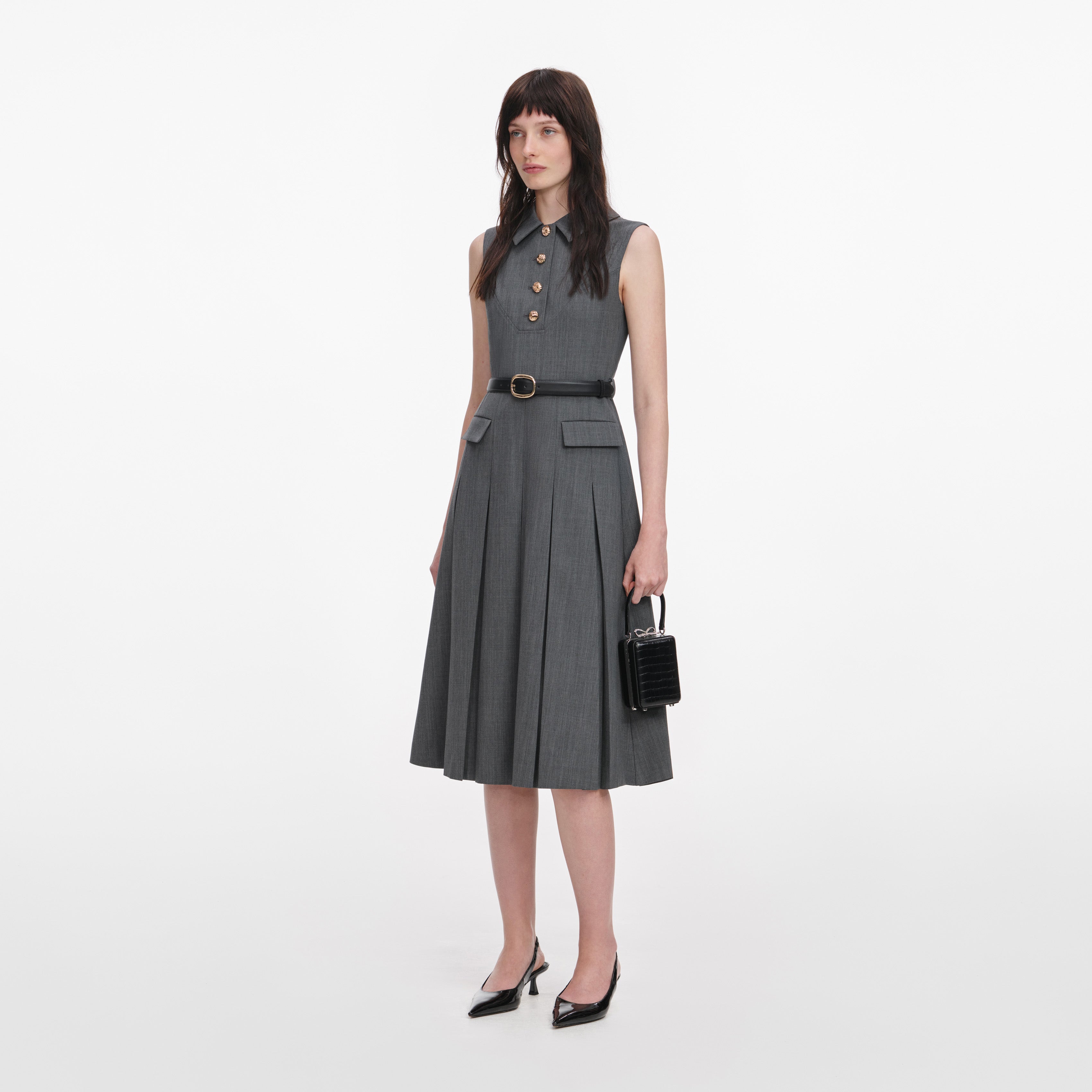 Self Portrait Grey Tailored Pleated Midi Kleid Grau Wolle