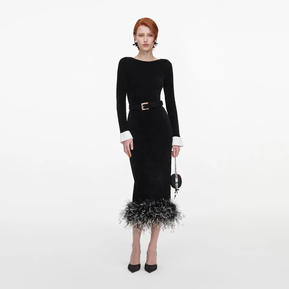 Self Portrait Black Chenille Feather Midikleid Schwarz S