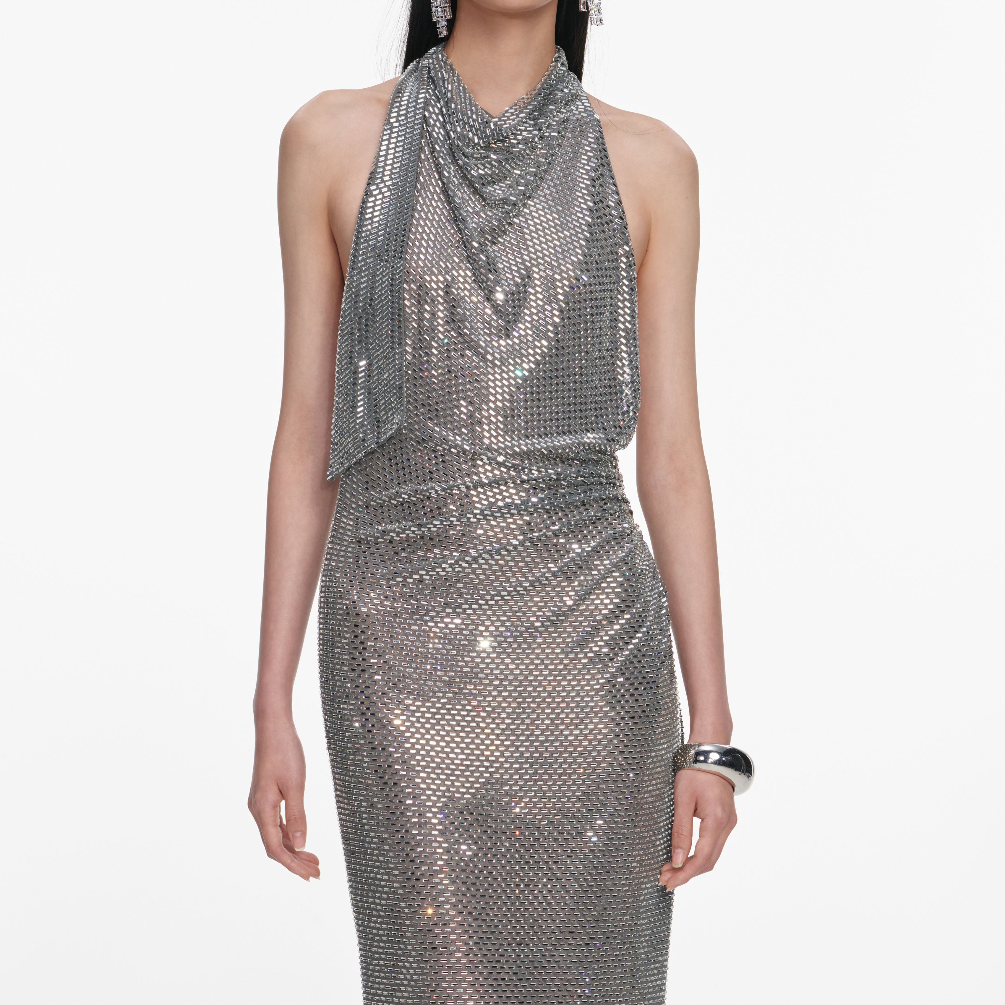 Self Portrait Grey Rhinestone Halter Maxi Kleid Grau Strass