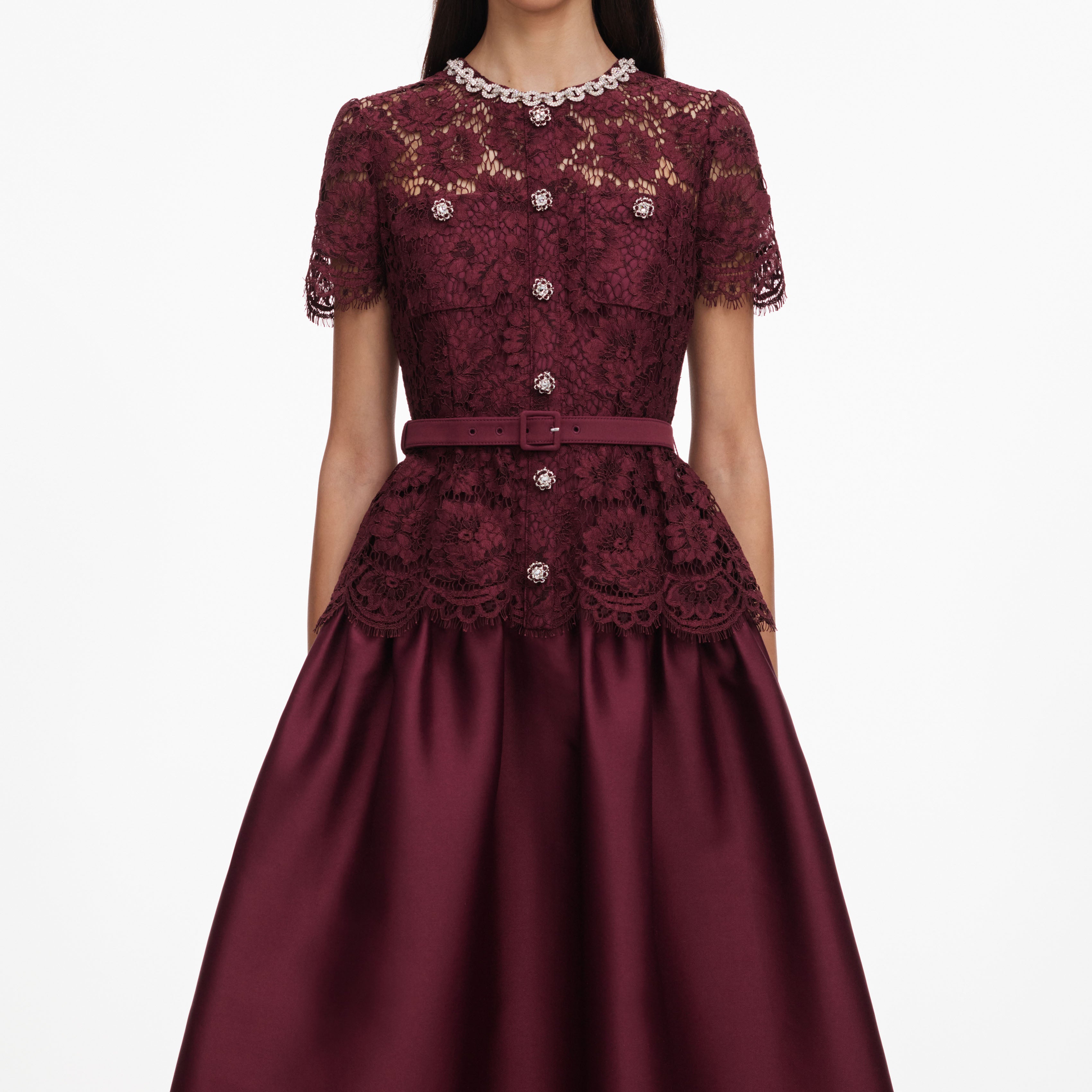 Self Portrait Burgundy Lace Taffeta Midi Kleid Bordeaux