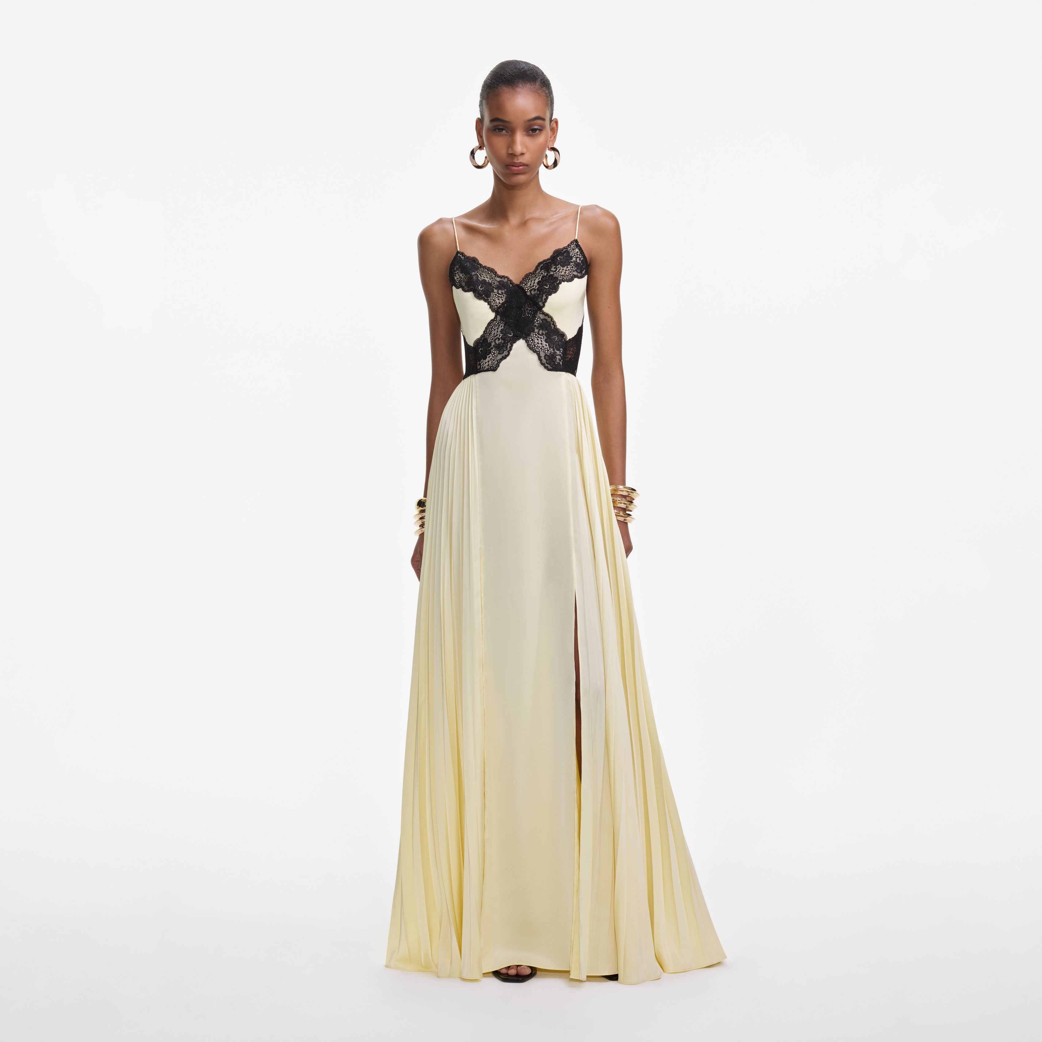 Self Portrait Yellow Satin Lace Maxi Kleid Gelb UK 6