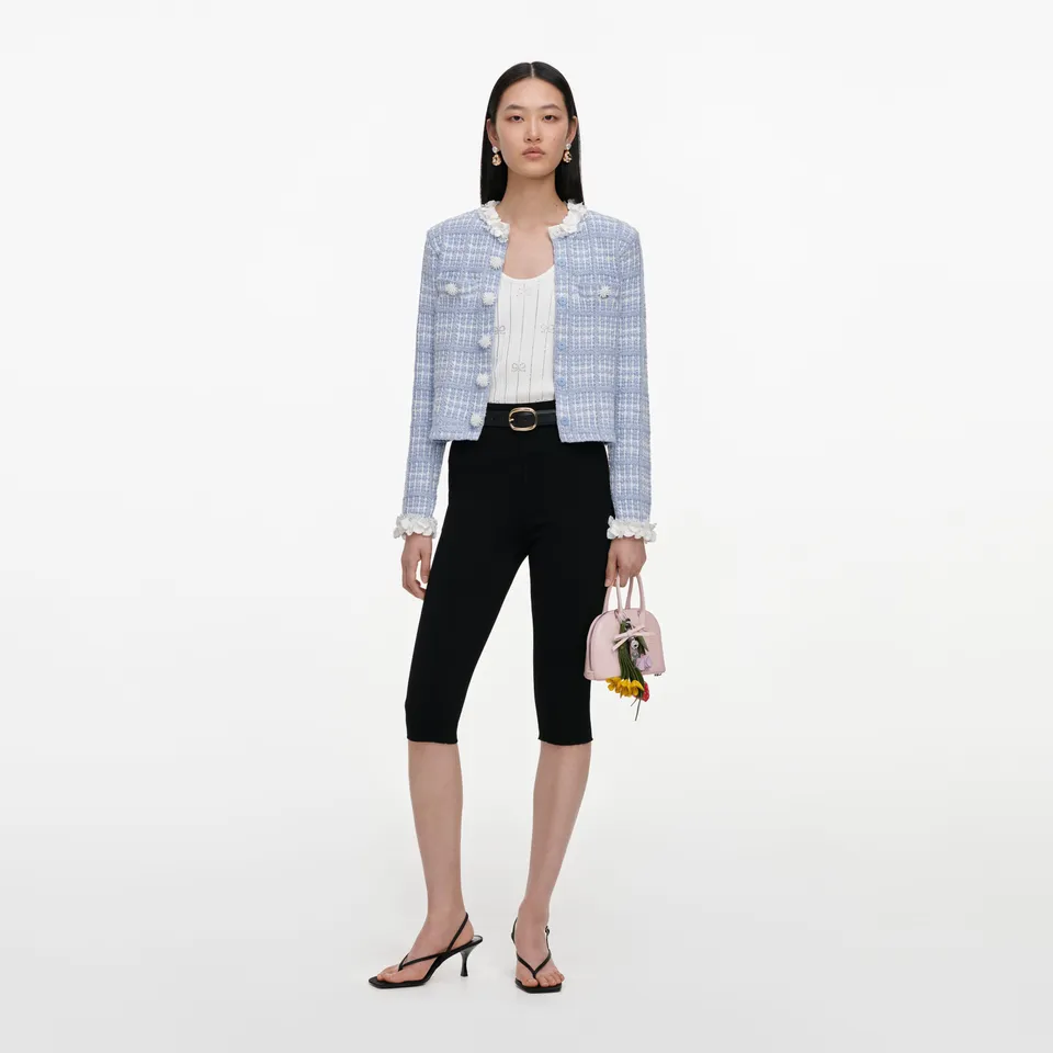 Self Portrait Blue Check Knit Beaded Strickjacke Blau