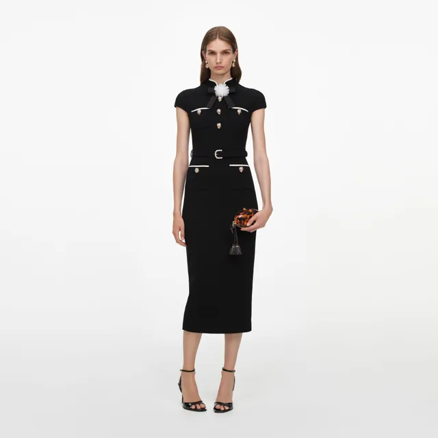 Self Portrait Dresses Black Wool Crepe Midi Kleid Schwarz