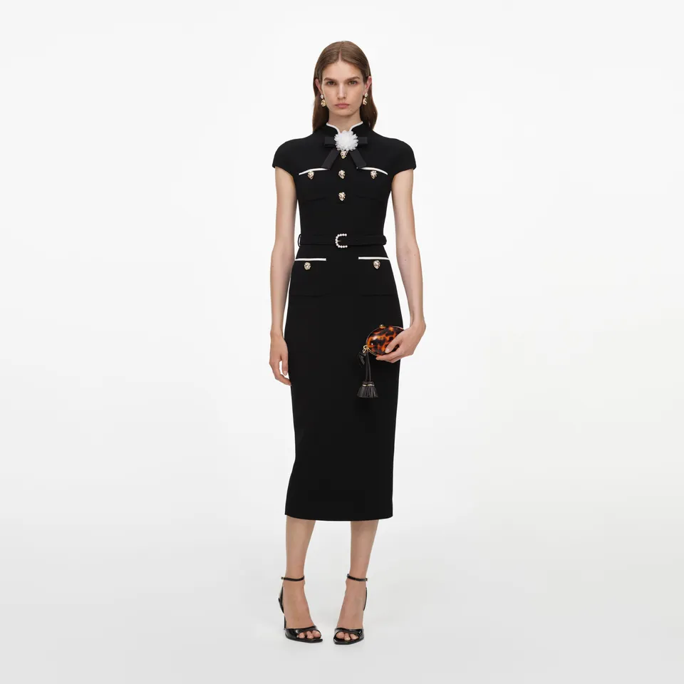 Self Portrait Dresses Black Wool Crepe Midi Kleid Schwarz