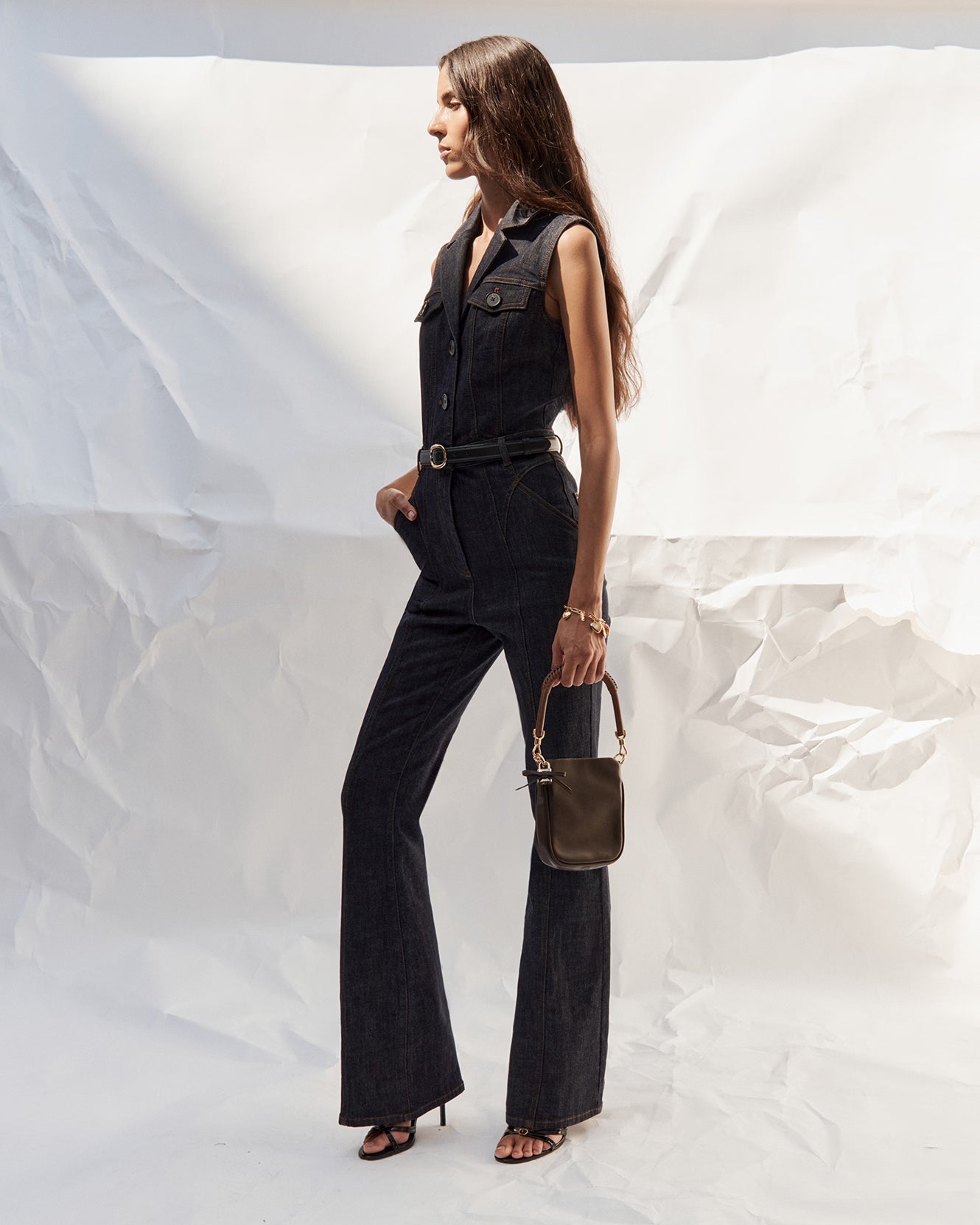 Self Portrait Denim Indigo Belted Denim Jumpsuit Overall UK 8