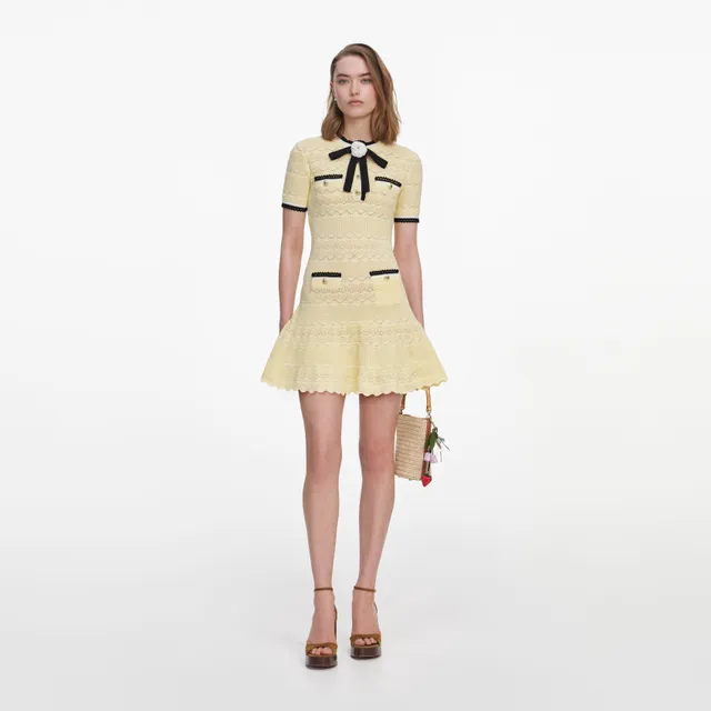 Self Portrait Pointelle Mini Kleid gelb mit Schleife