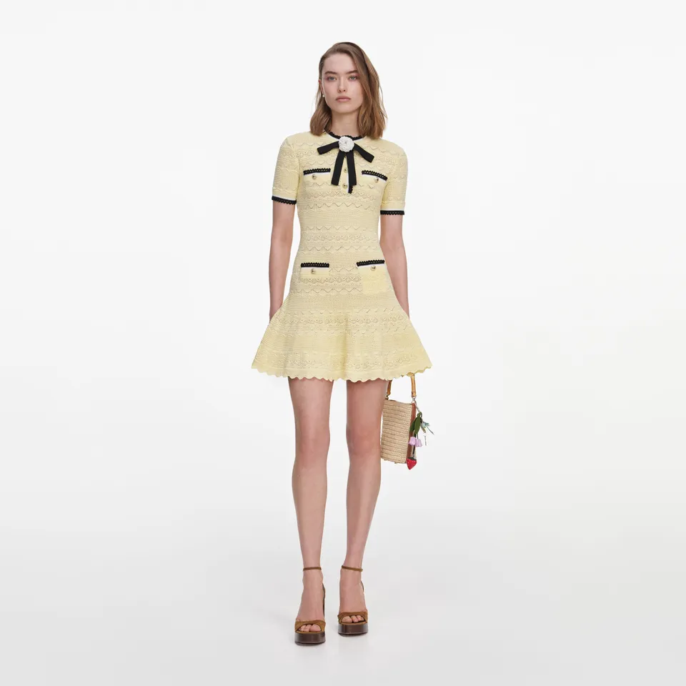 Self Portrait Pointelle Mini Kleid gelb mit Schleife