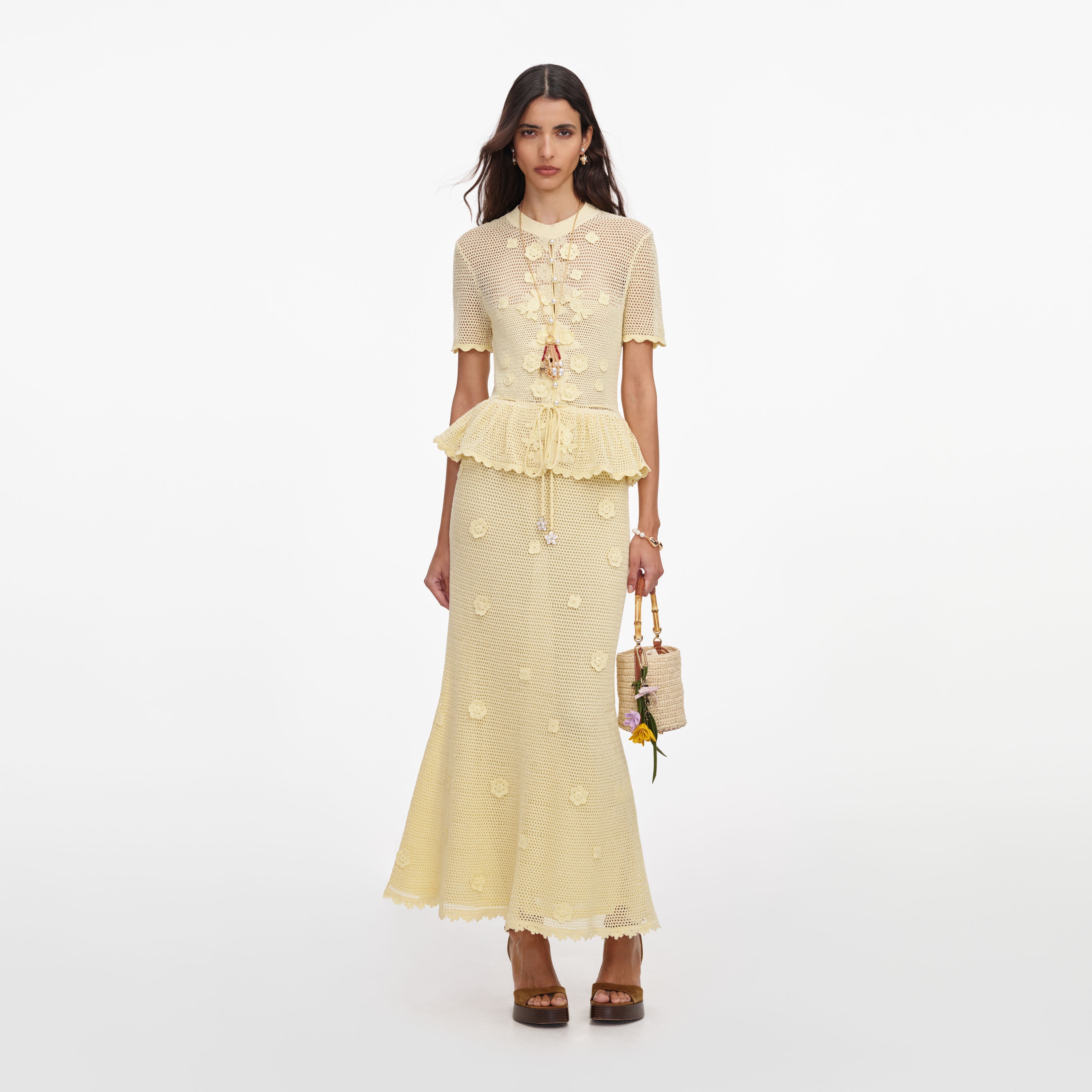 Self Portrait Yellow Floral Crochet Midi Kleid Gelb S Baumwolle