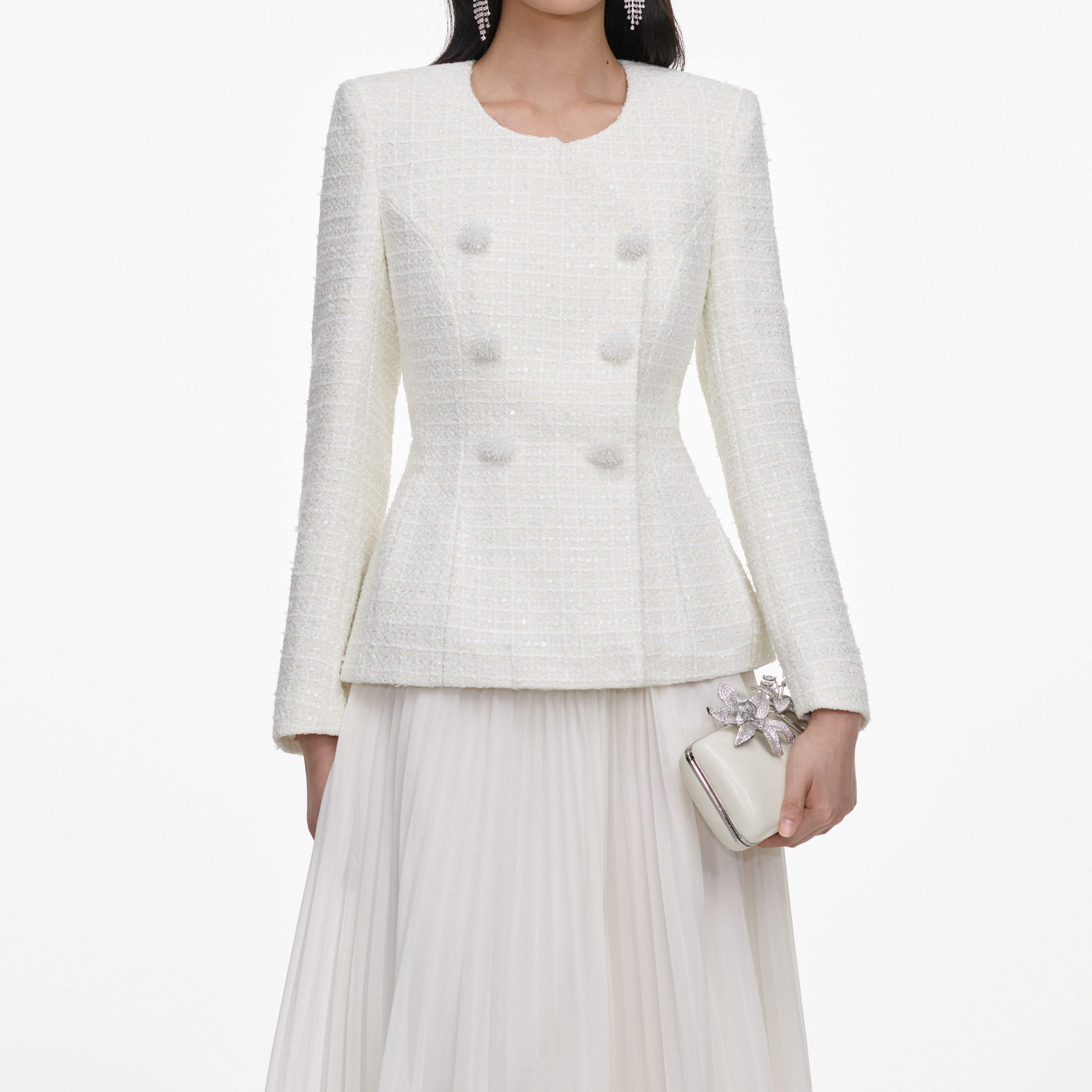 Self Portrait Cream Boucle Wrap Midi Kleid Creme Wickel