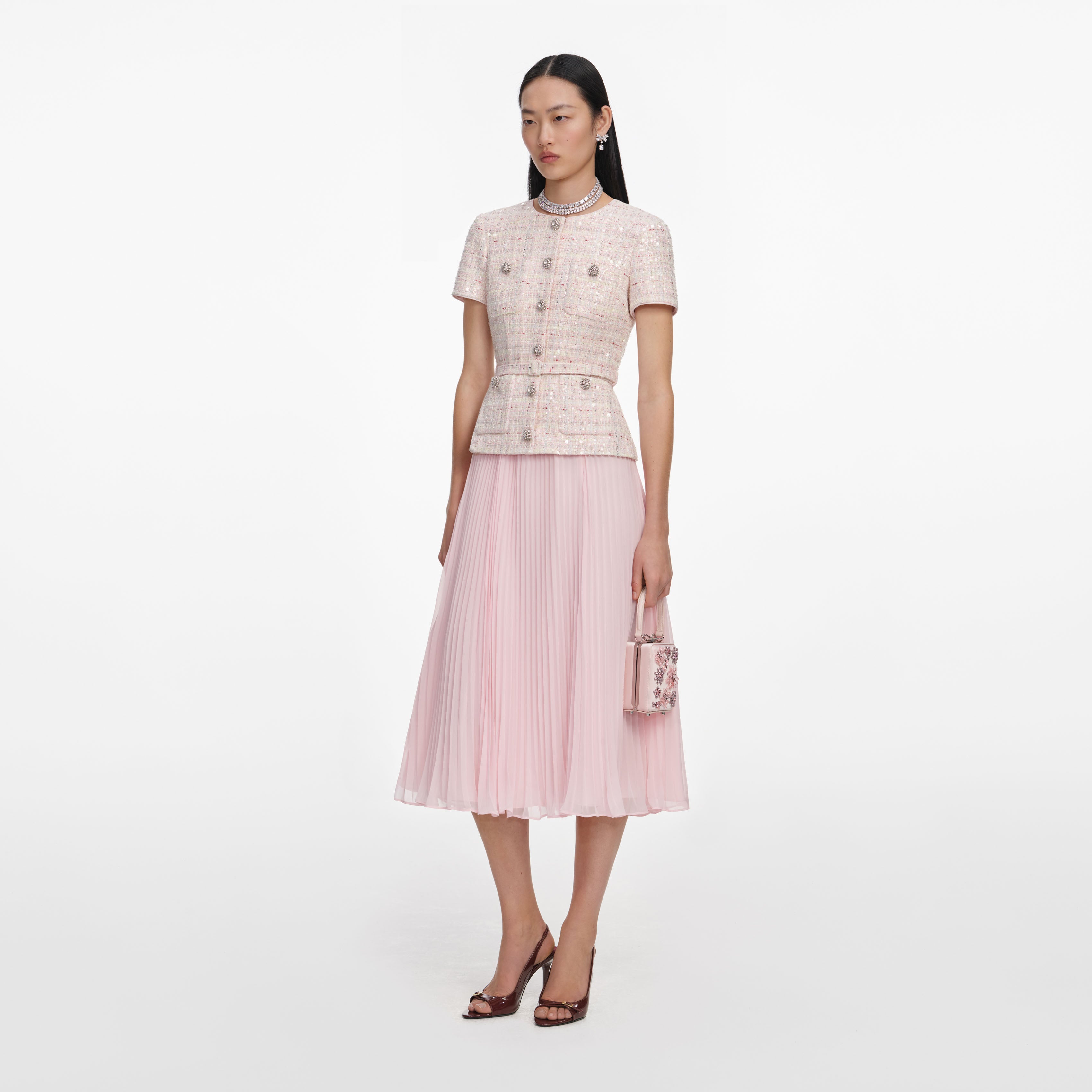 Self-Portrait Pink Sequin Boucle Midi Kleid rosa tailliert