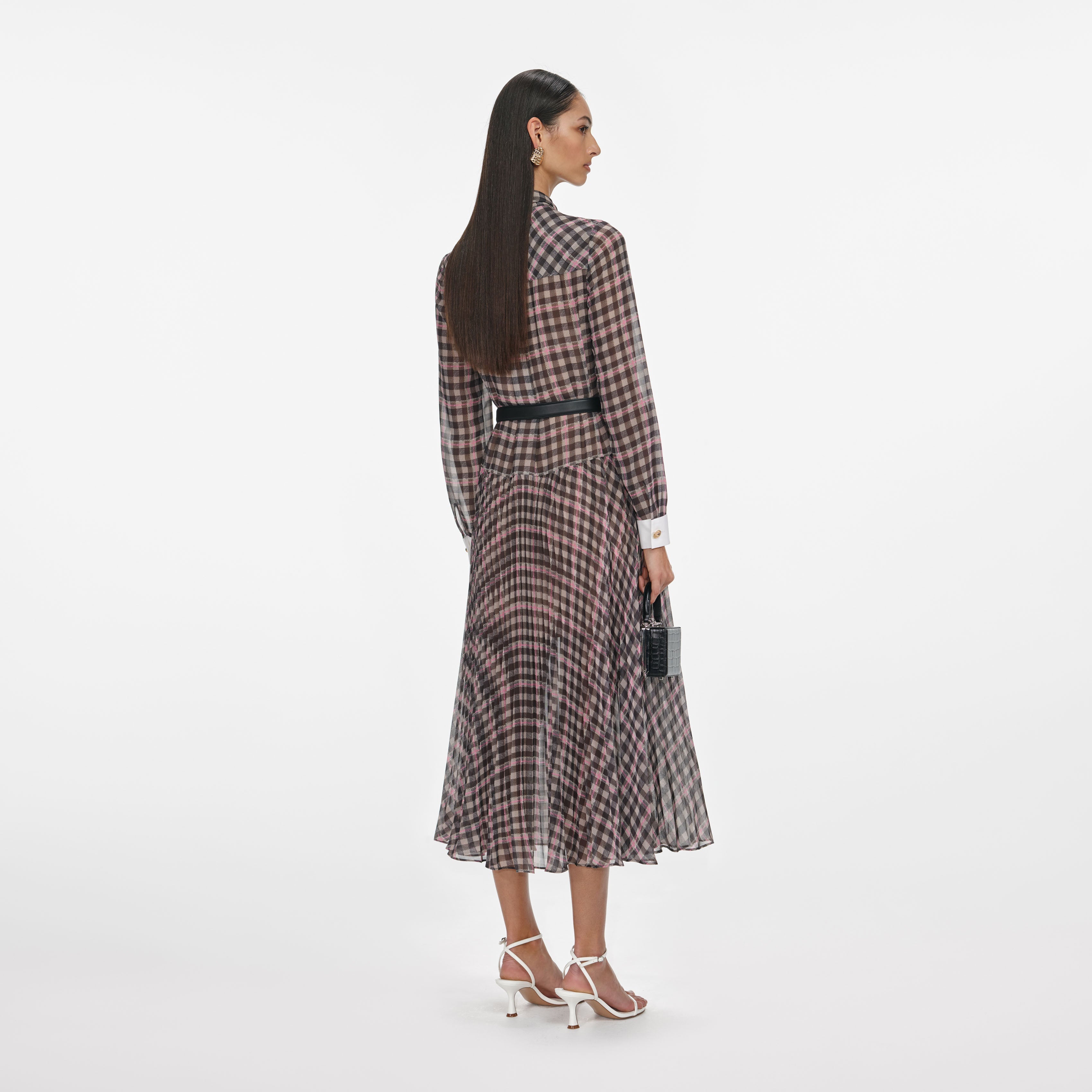 Self Portrait Brown Check Chiffon Midi Kleid Braun
