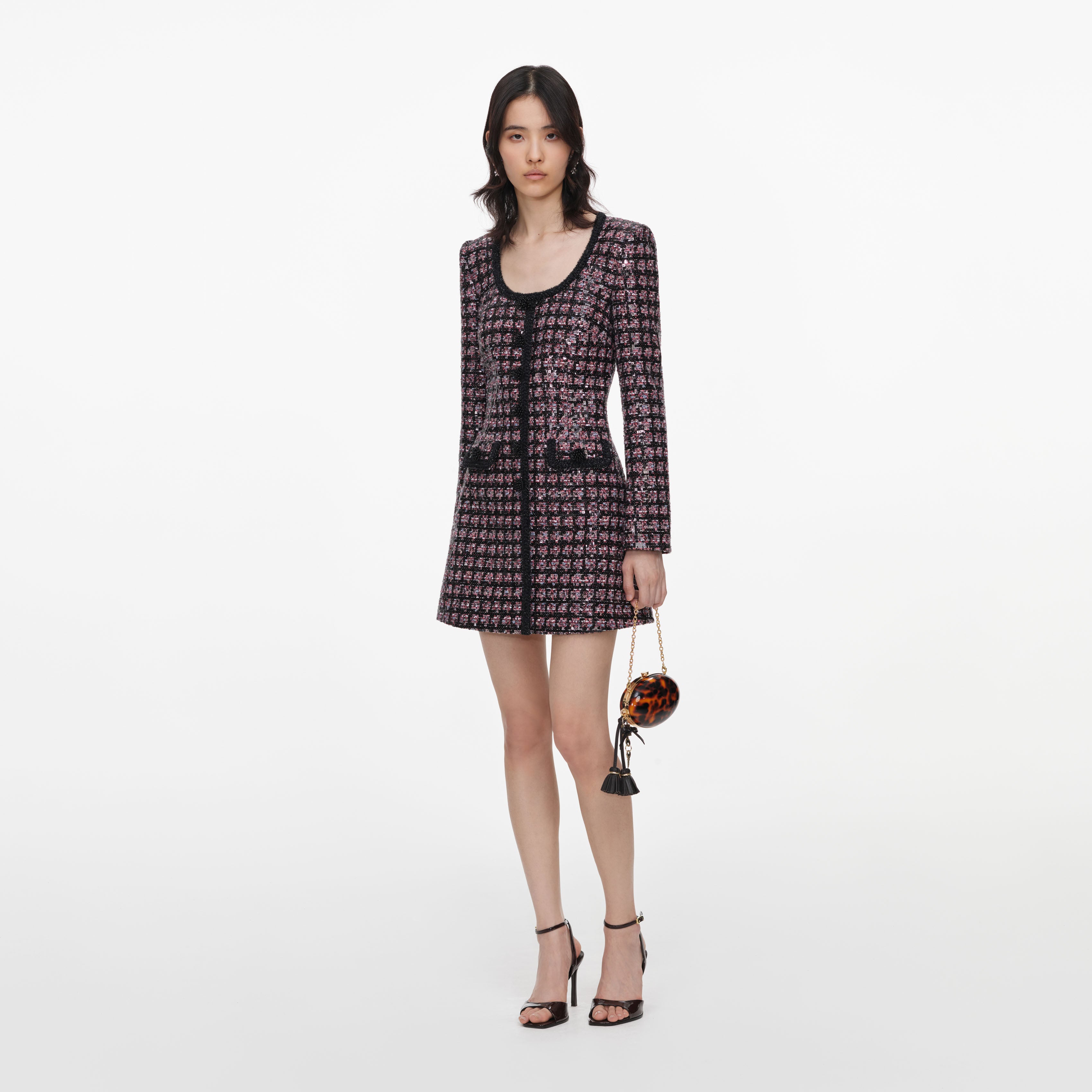 Self Portrait Sequin Boucle Minikleid Rosa Schwarz
