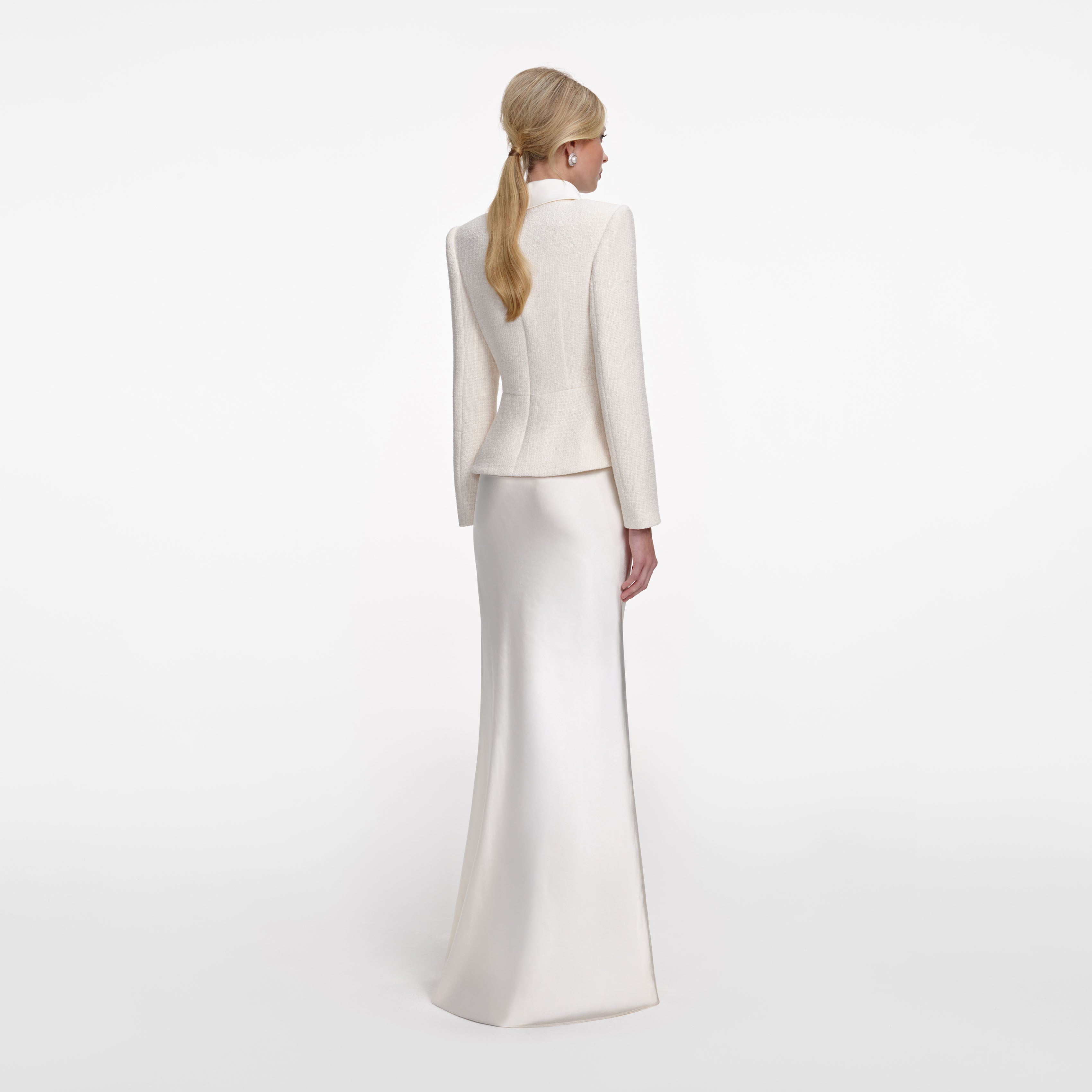 Self Portrait Cream Boucle Collared Maxi Kleid Creme