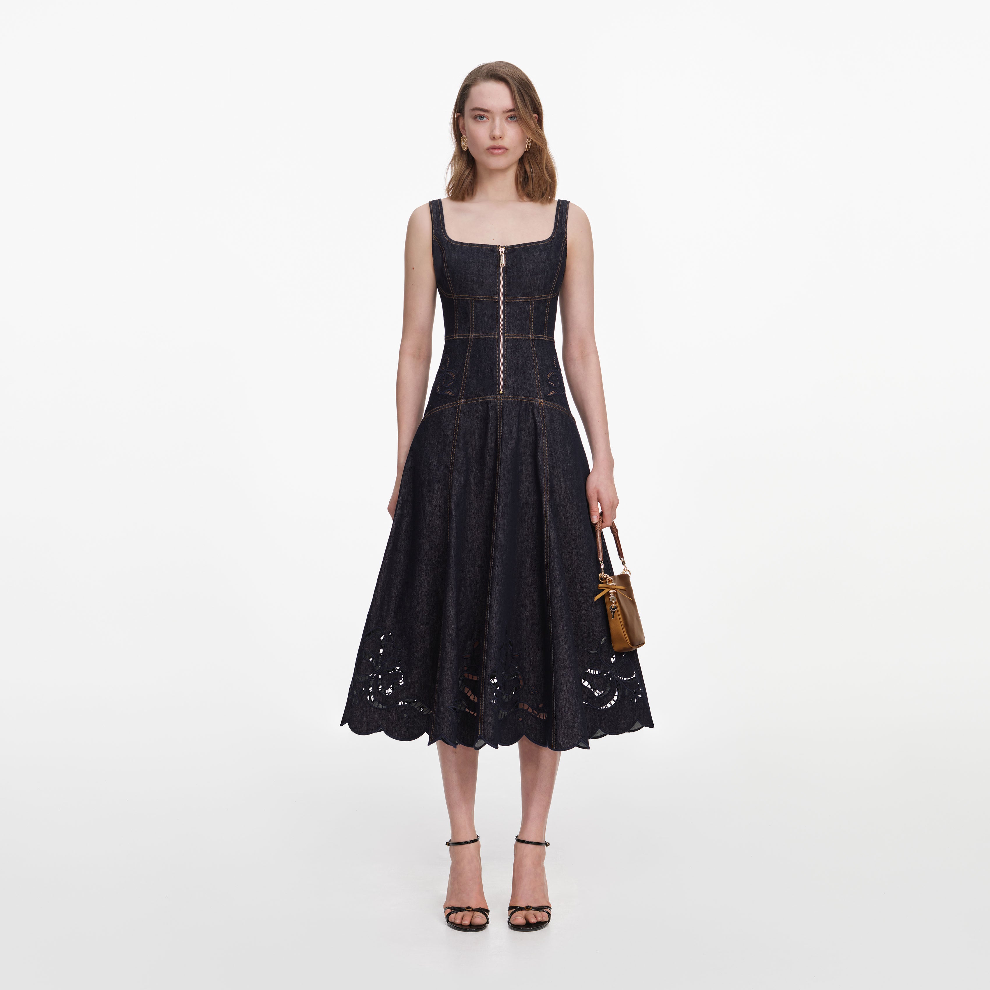 Self Portrait Denim Bow Midi Kleid indigo UK 8