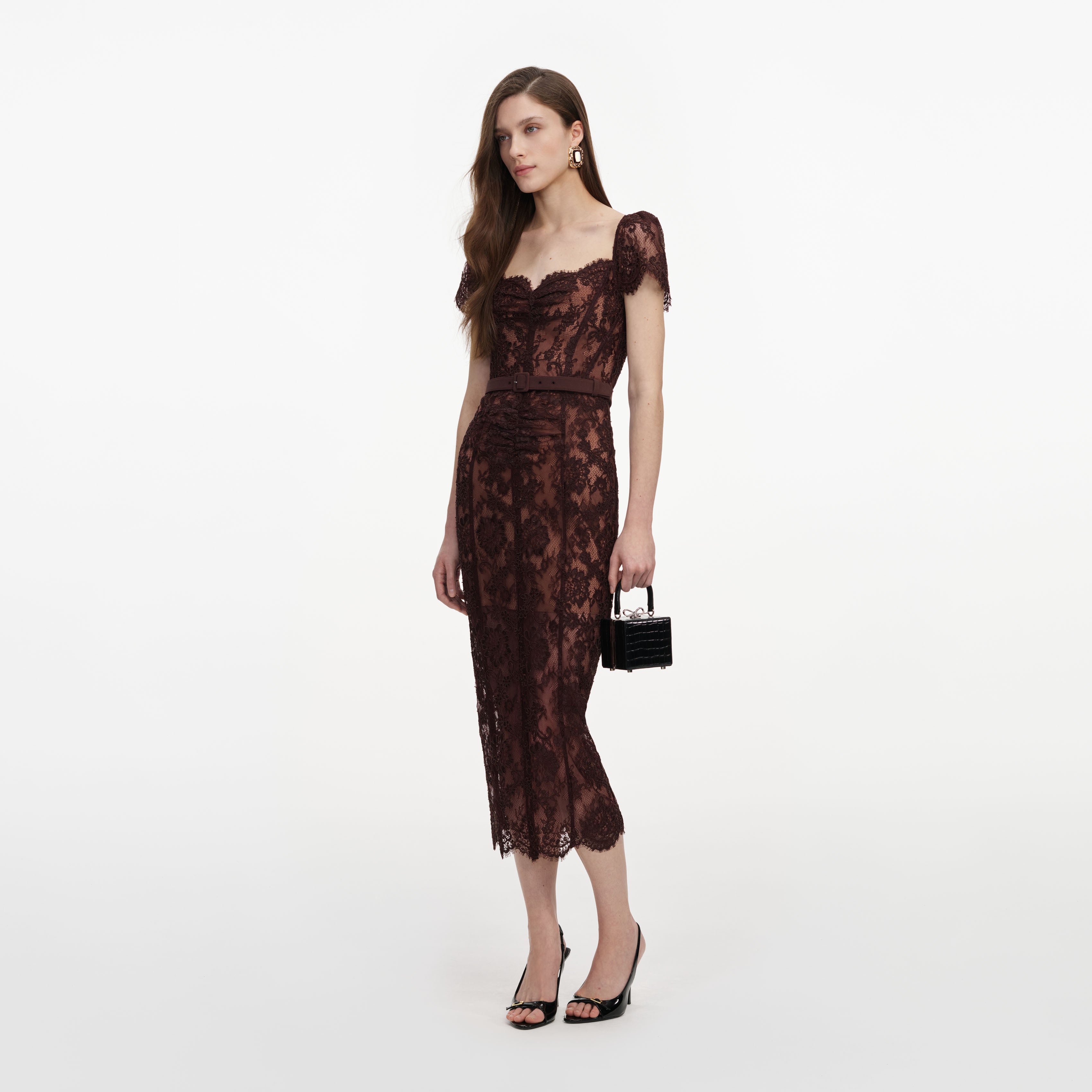 Self Portrait Brown Floral Spitzen-Midikleid UK 8