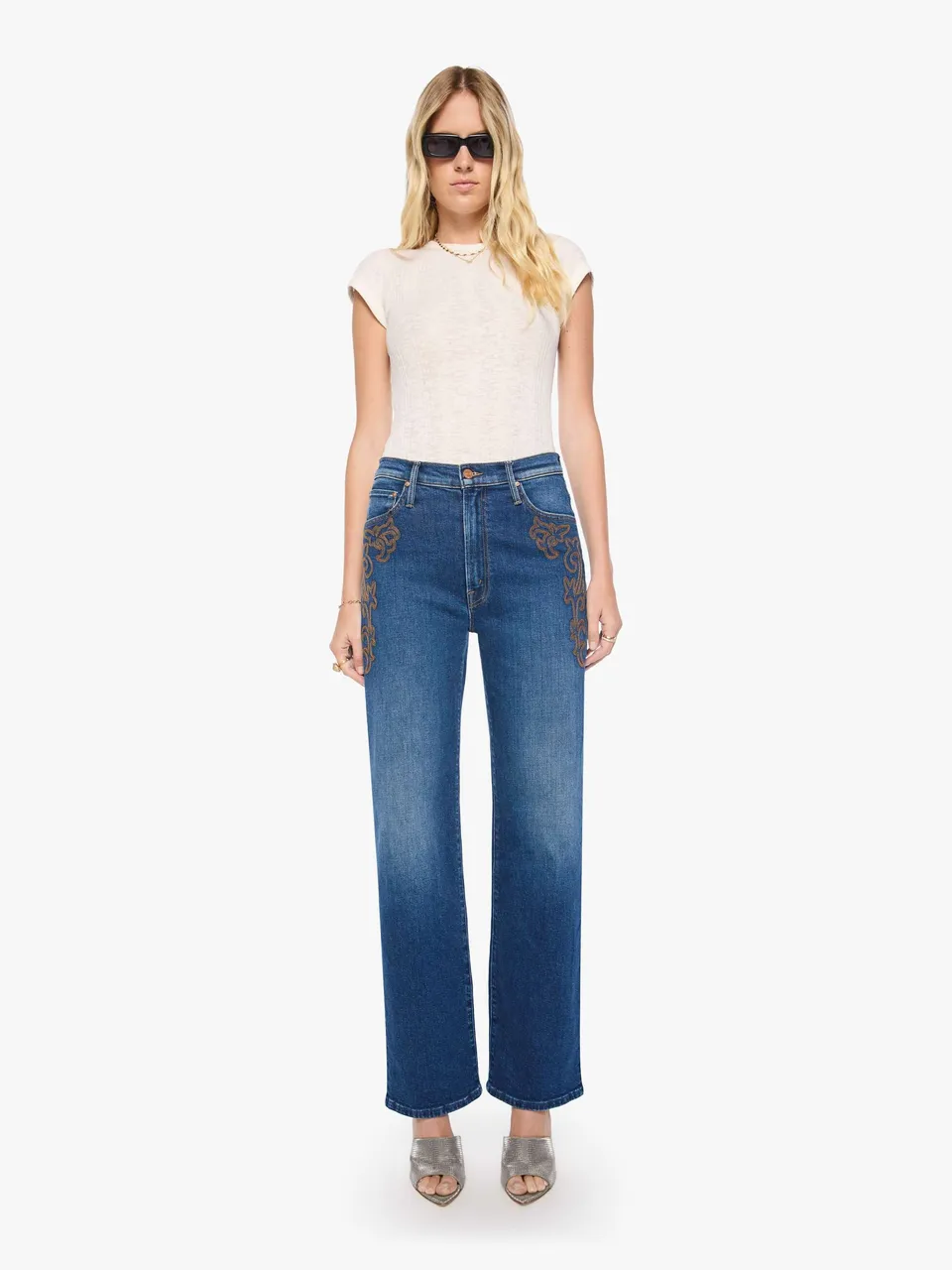 Mother Denim The Dodger Sneak Jeans Blau Mid-Rise Stretch Stickerei