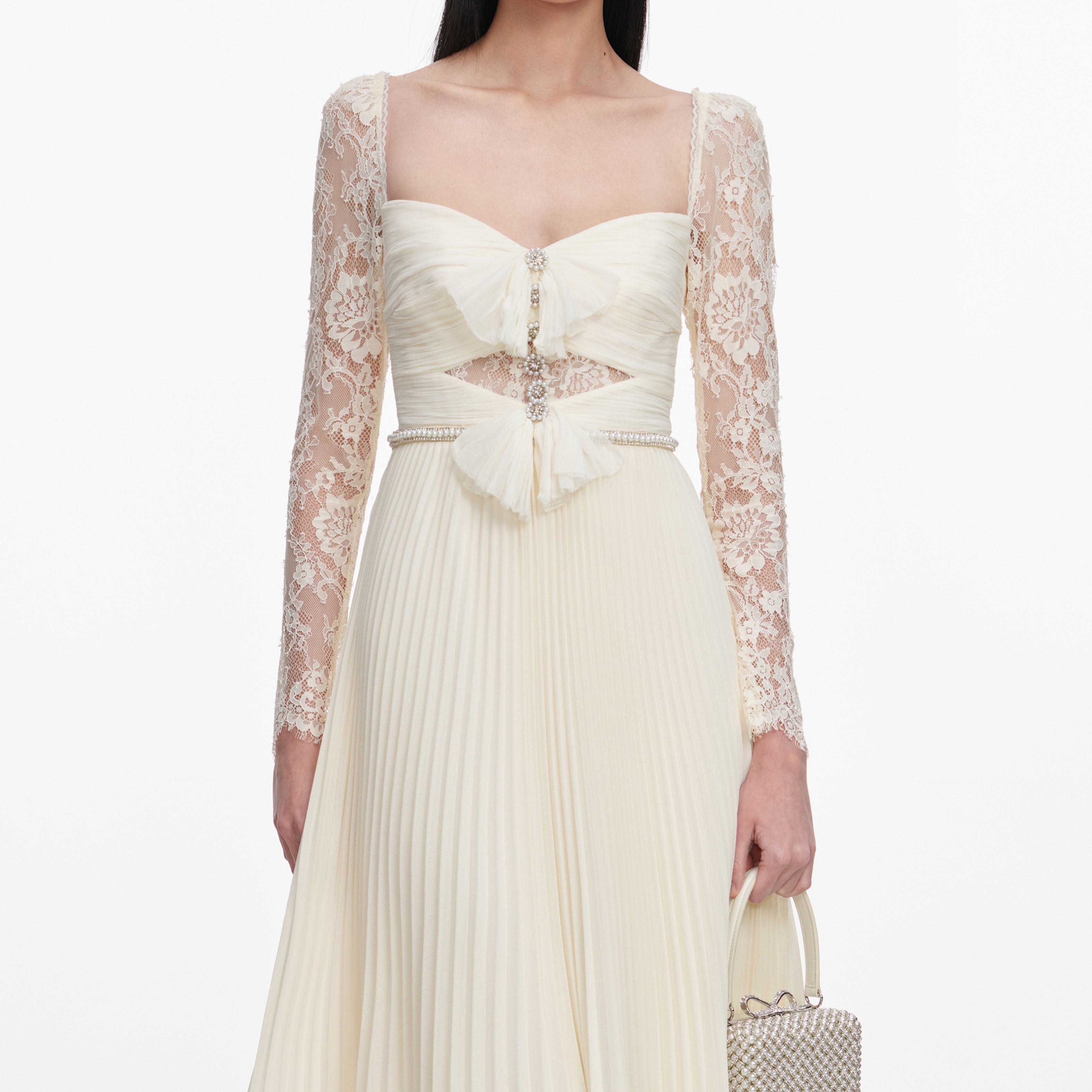 Self Portrait Cream Chiffon Lace Midikleid Creme UK 8 Braut