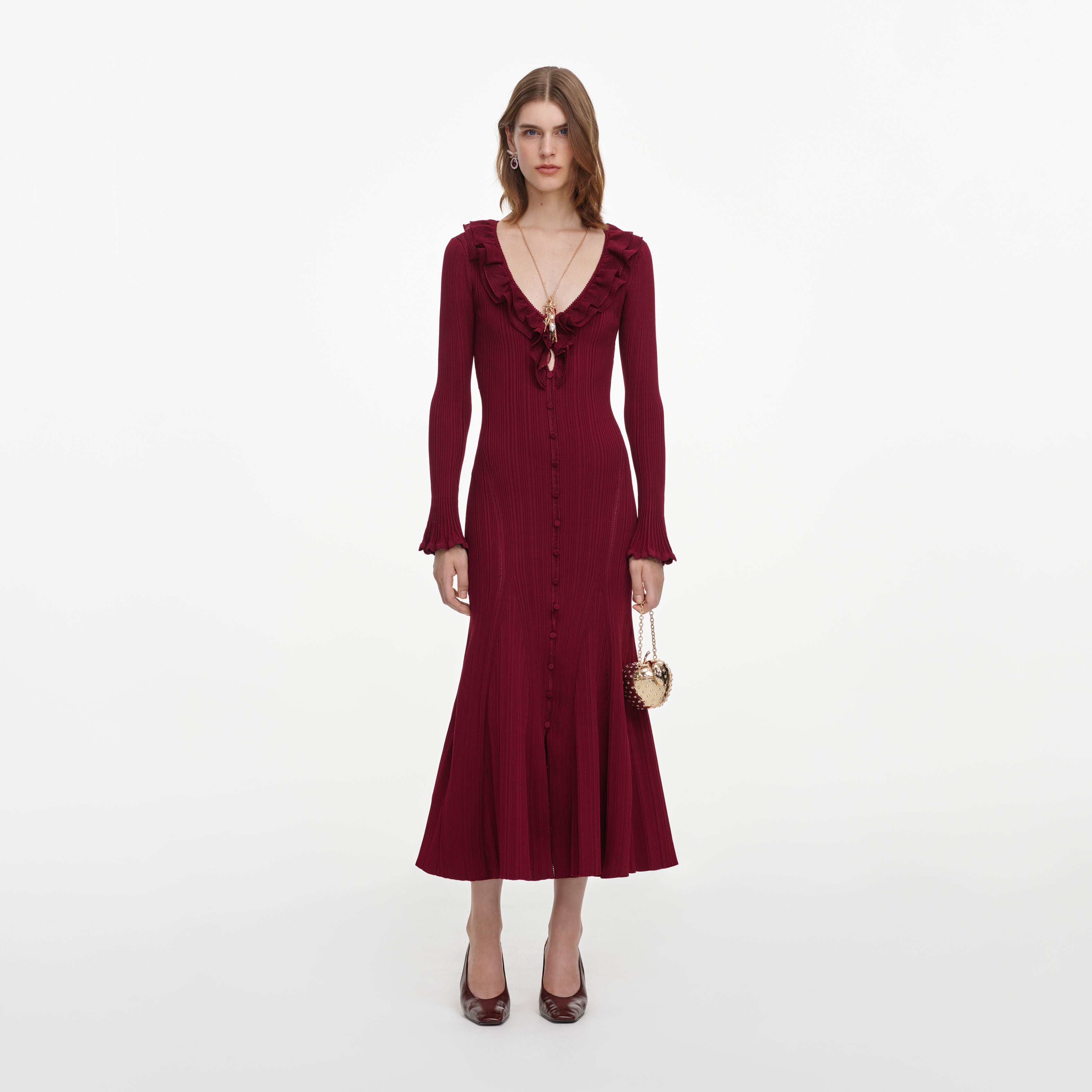 Self Portrait Burgundy Ruffle Knit Midi Dress Midikleid M