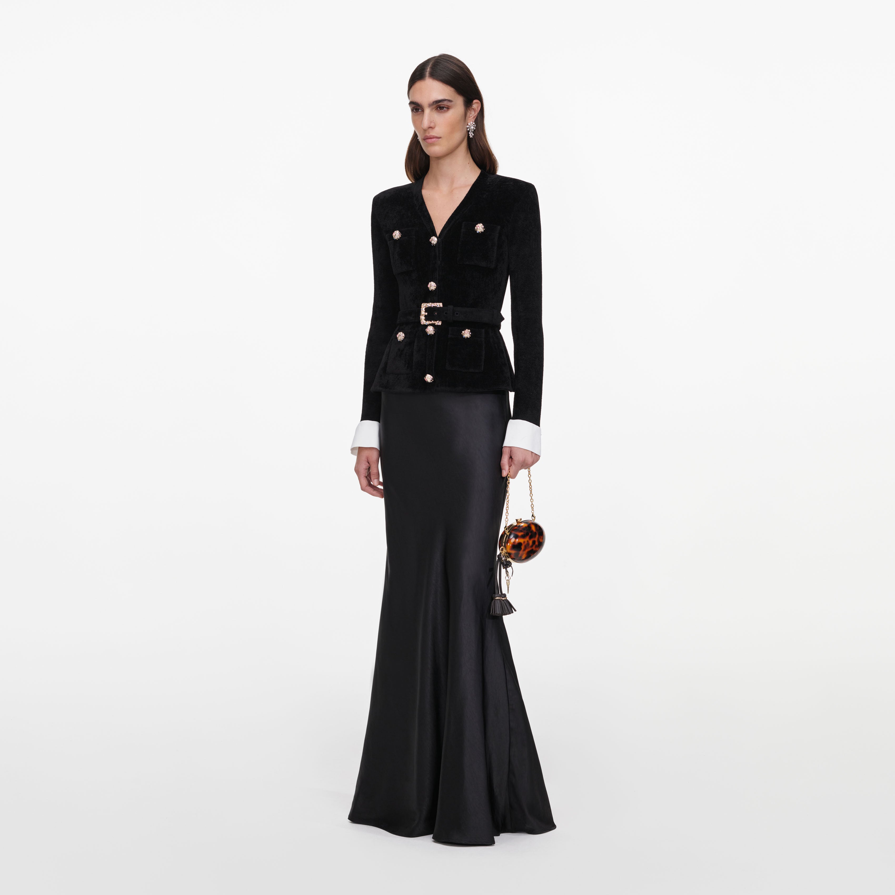 Self Portrait Black Chenille Maxikleid Schwarz Satin