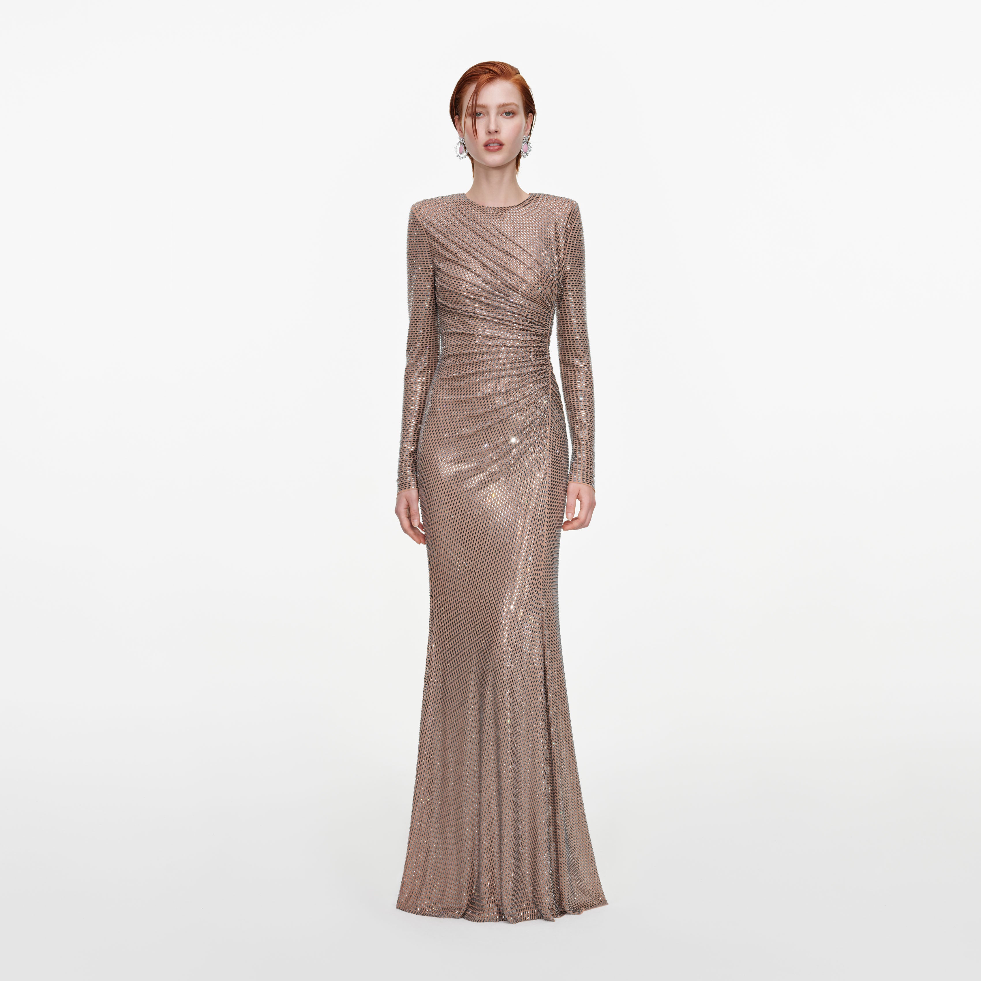 Self Portrait Dresses Tan Rhinestone Gathered Maxikleid Strass