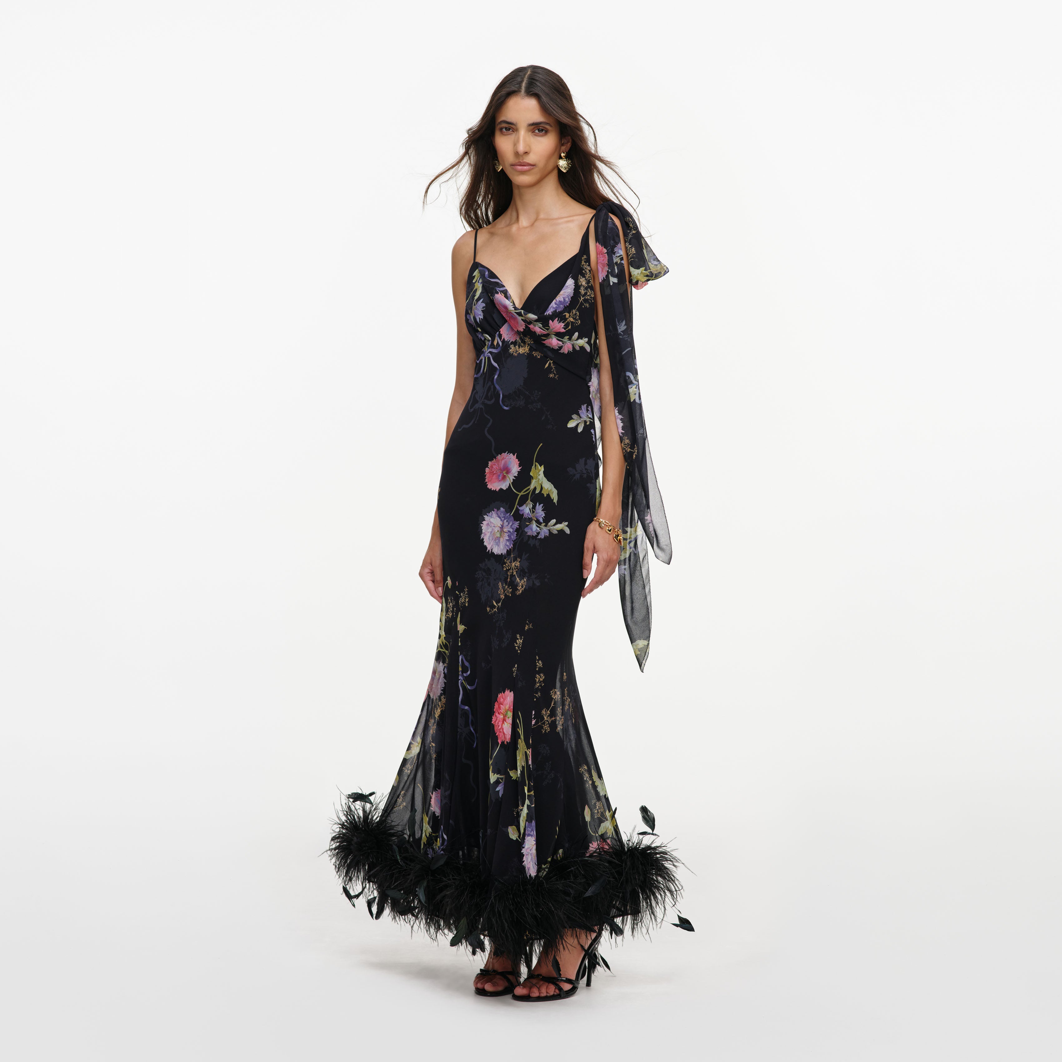 Self Portrait Dresses Black Floral Georgette Feather Maxikleid Schwarz