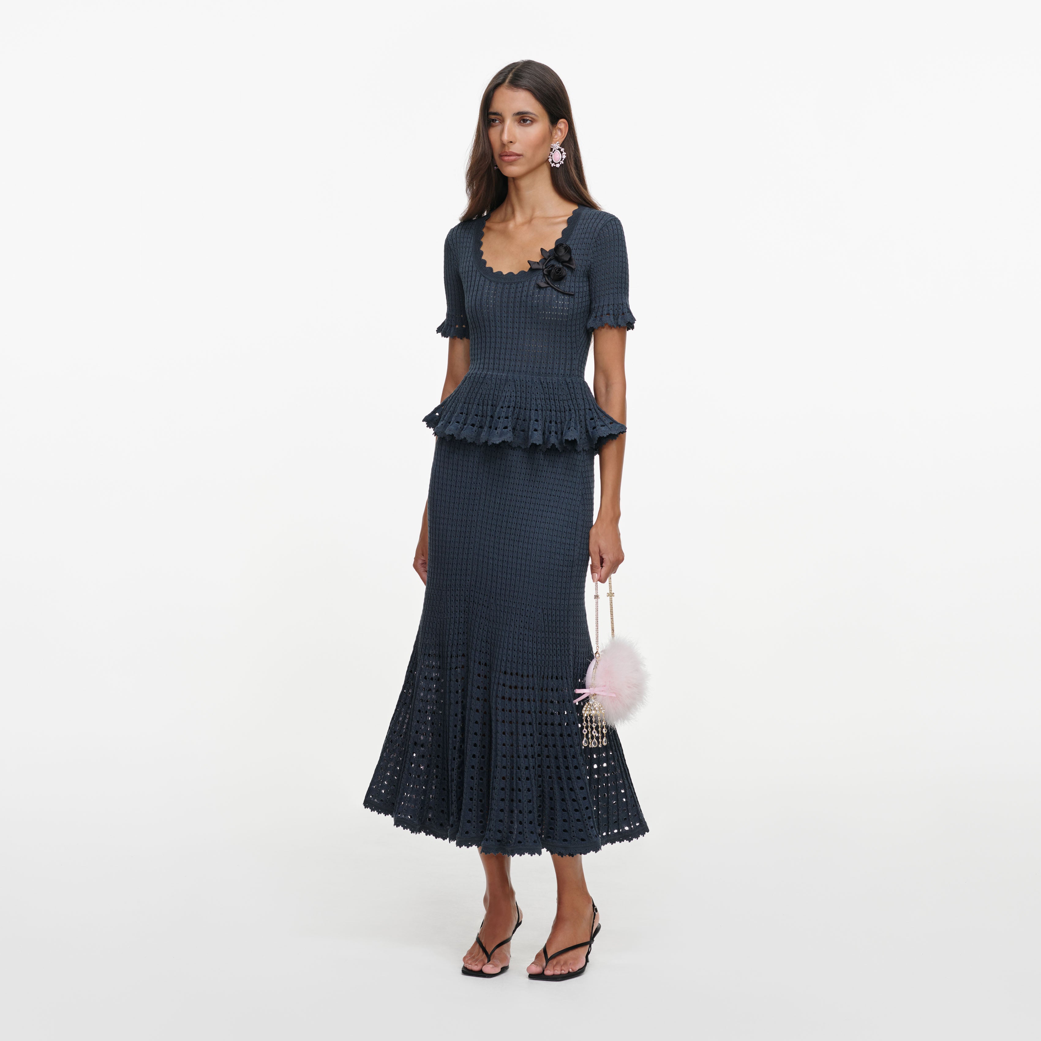Self-Portrait Grey Pointelle Peplum Knit Midi Kleid Grau