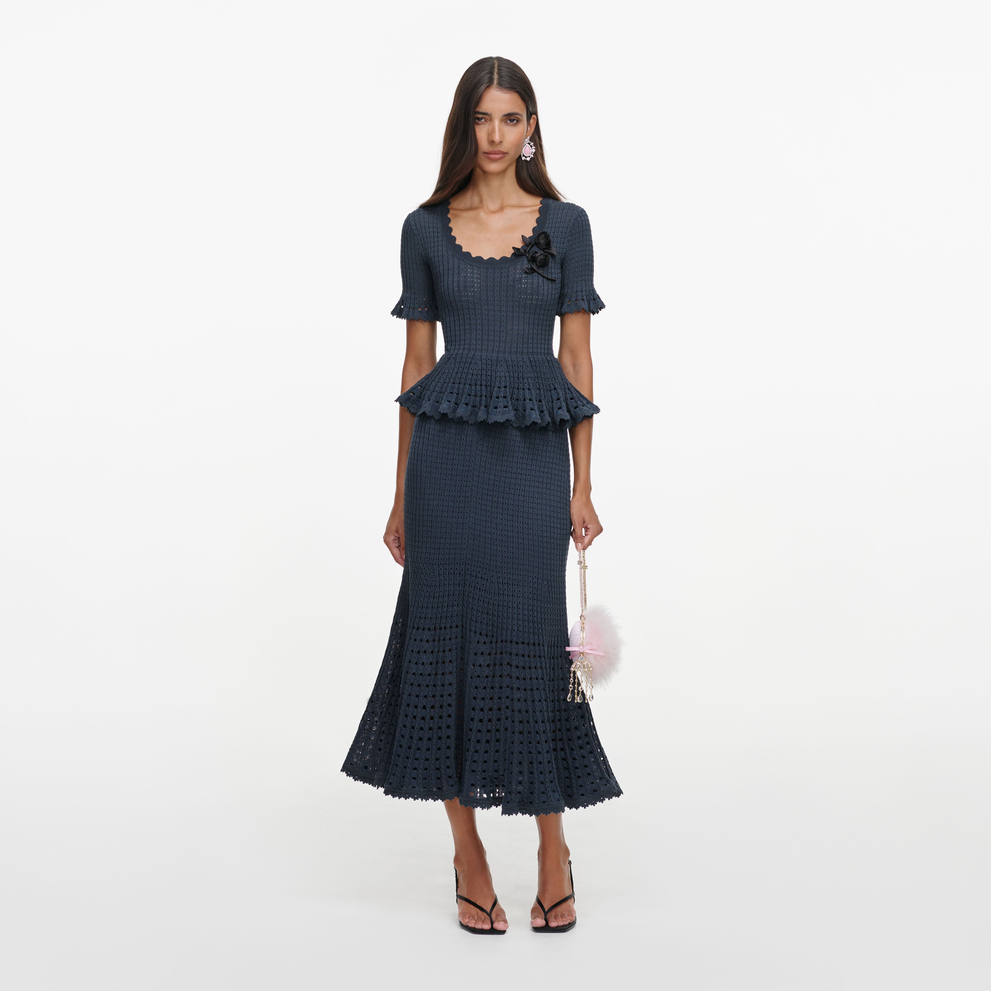 Self-Portrait Grey Pointelle Peplum Knit Midi Kleid Grau