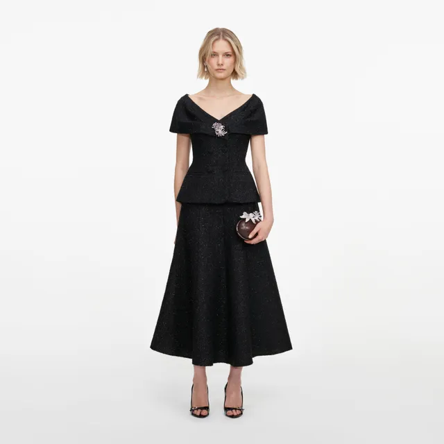 Self Portrait Jewellery Bouclé Midikleid UK 8 Schwarz Brosche