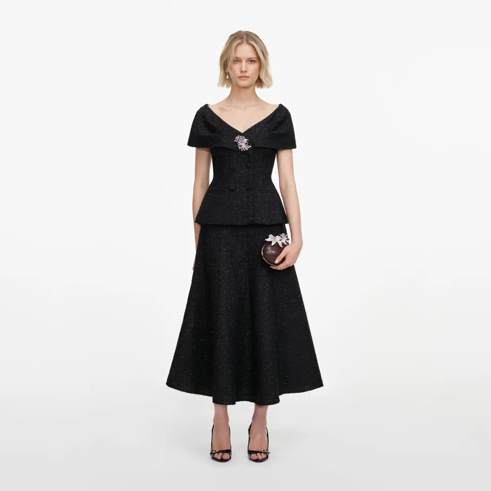 Self Portrait Jewellery Bouclé Midikleid UK 8 Schwarz Brosche