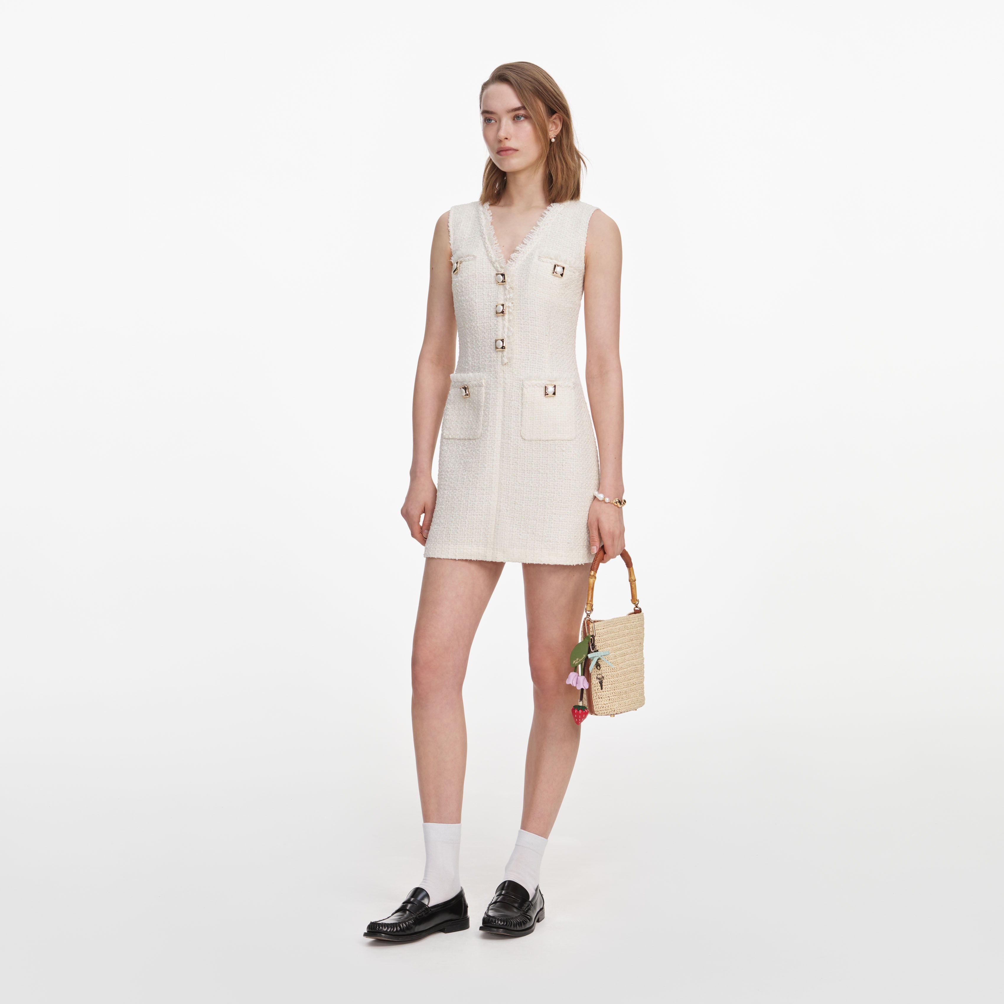 Self Portrait Cream Sleeveless Boucle Mini Kleid Creme