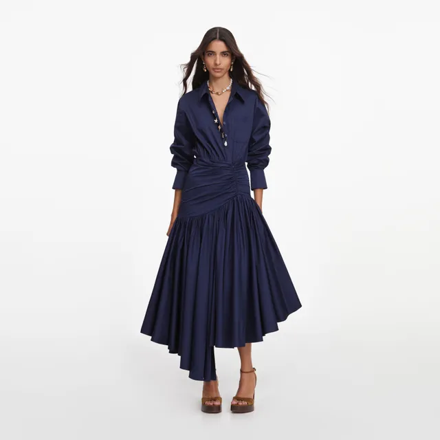 Self Portrait Navy Cotton Asymmetric Midi Kleid UK 8