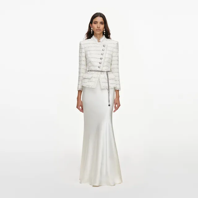 Self Portrait White Boucle Satin Maxikleid Weiß mit Gürtel