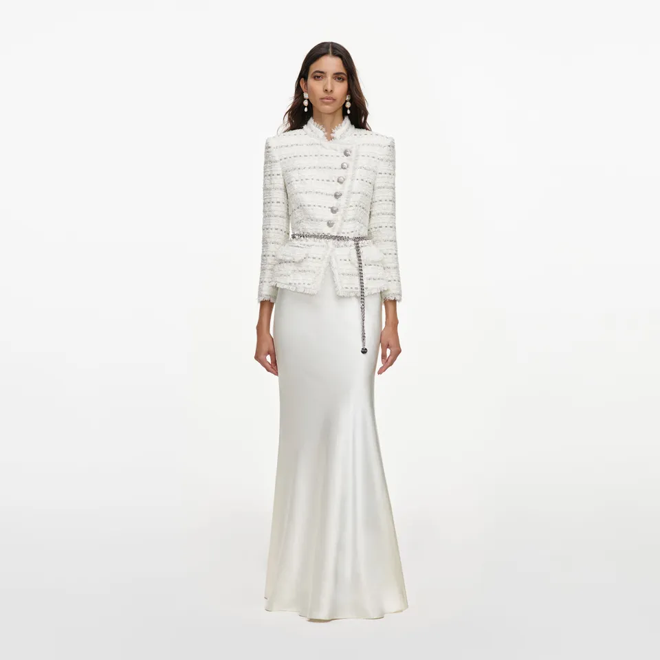 Self Portrait White Boucle Satin Maxikleid Weiß mit Gürtel