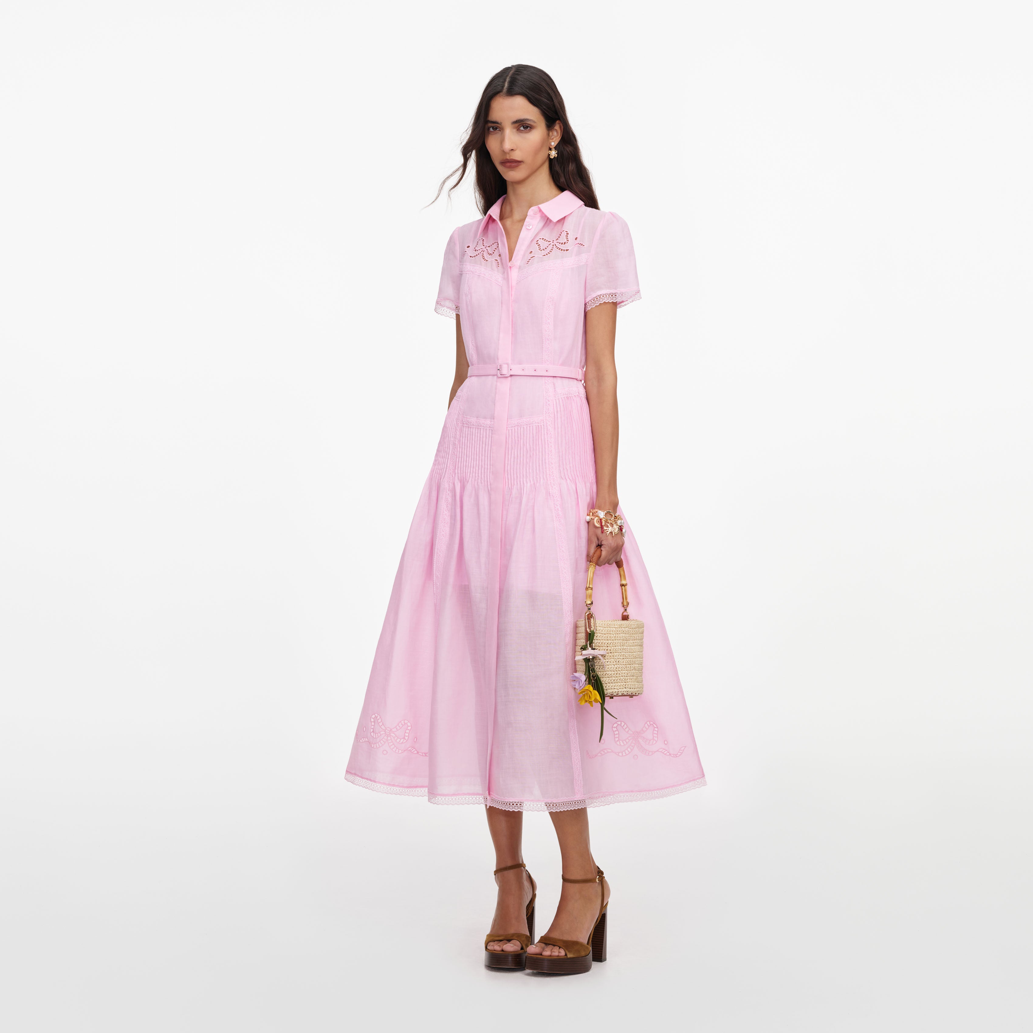 Self Portrait Embroidered Midi Kleid Pink Leinen Stickerei