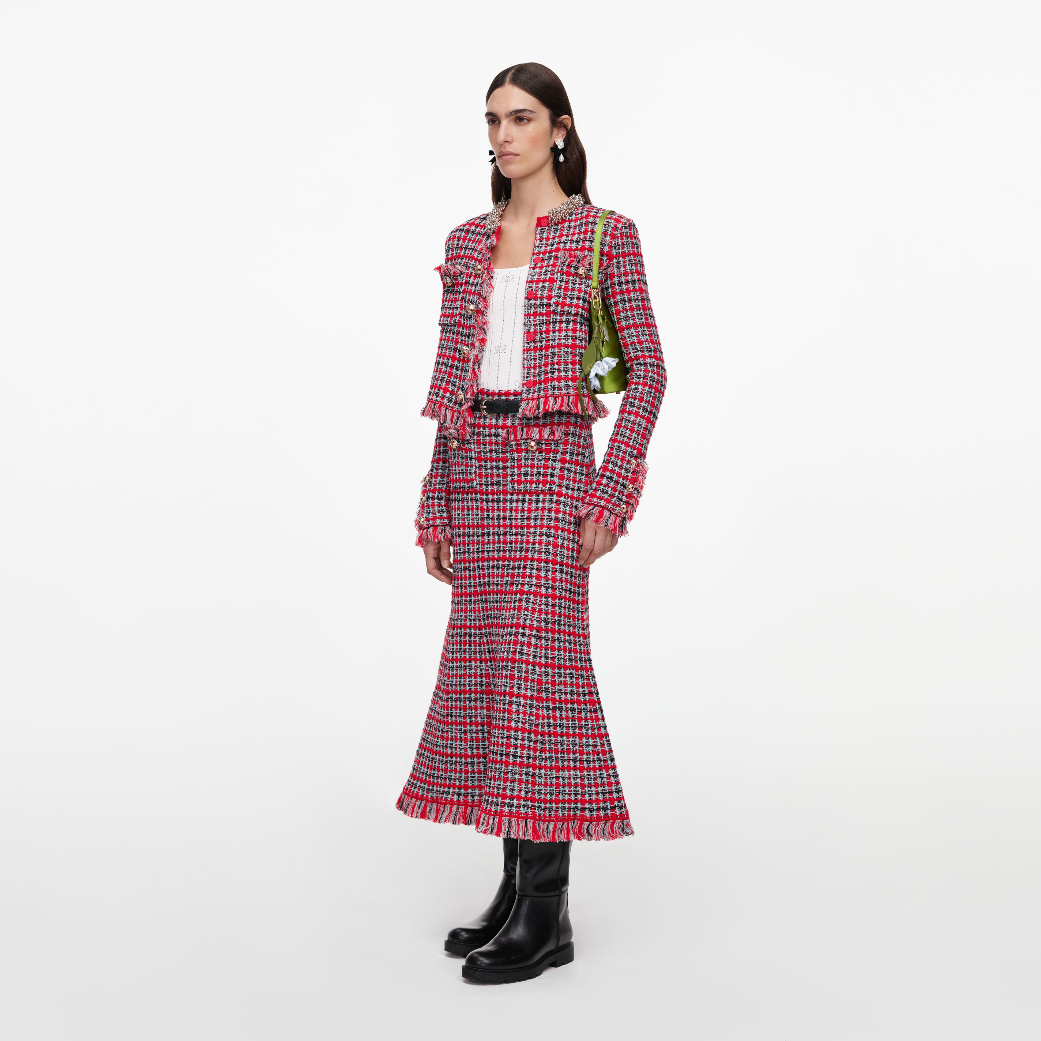 Self Portrait Red Check Frayed Knit Midi Rock Rot